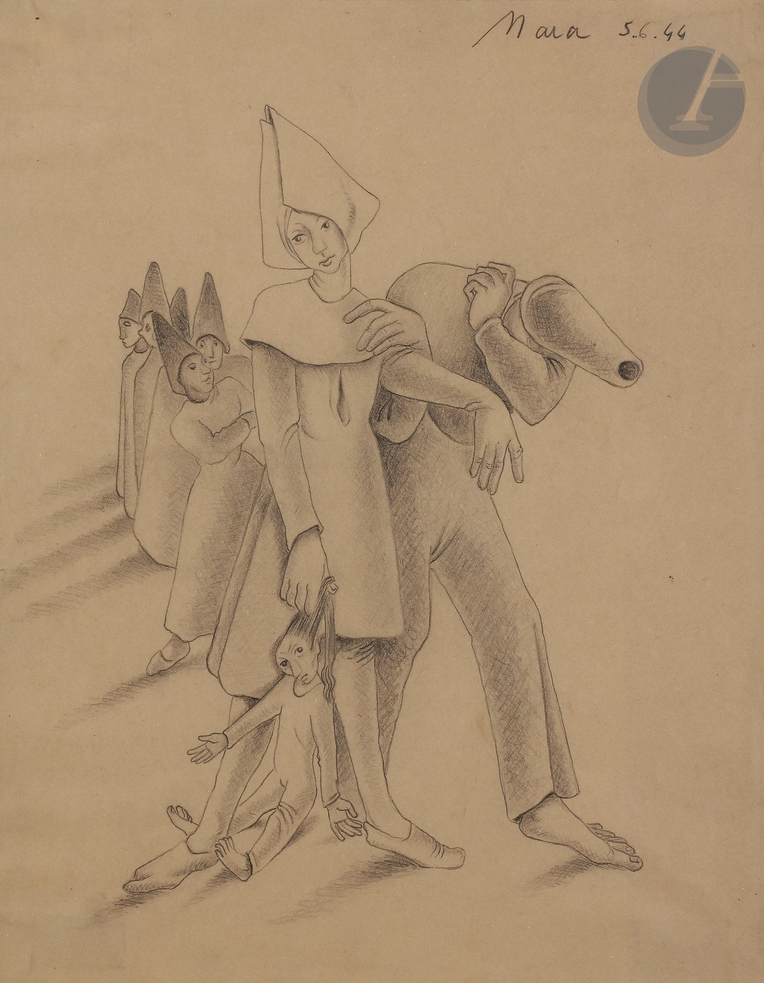 Mara RUCKI (née en 1920)
Les Noctambules, 1944
Mine de plomb.
Signée et datée en haut à droite.
26 x 20 cm