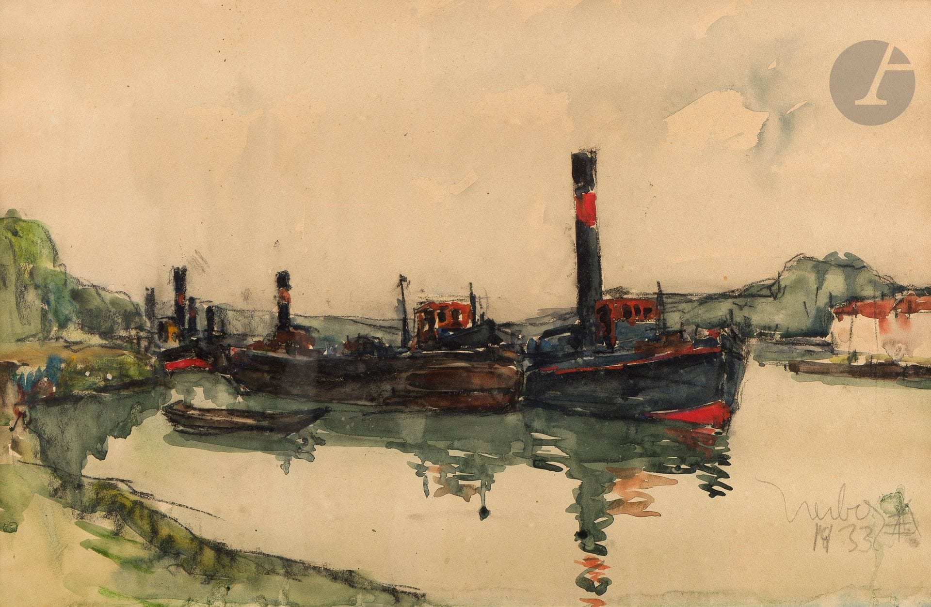 Fernand HERBO (1905-1995)
Les Bateaux, 1933
Aquarelle et fusain.
Signée et datée en bas à droite.
31 x 48 cm