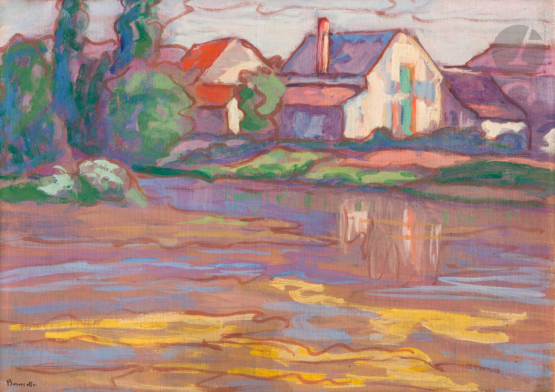 Ernest-Lucien BONNOTTE (1873-1954)
Maisons au bord de l'eau
Huile sur panneau.
Signée en bas à gauche.
26 x 35 cm