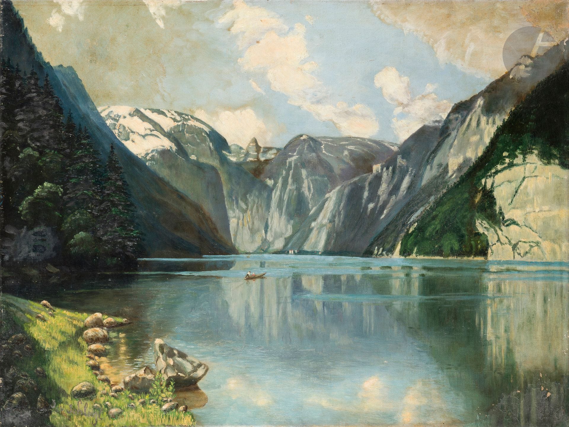 Josef von SCHLÖGL (1851-1918)
Vue d'un lac, Tyrol
Huile sur toile.
Signée en bas à gauche.
(Usures).
60 x 80 cm