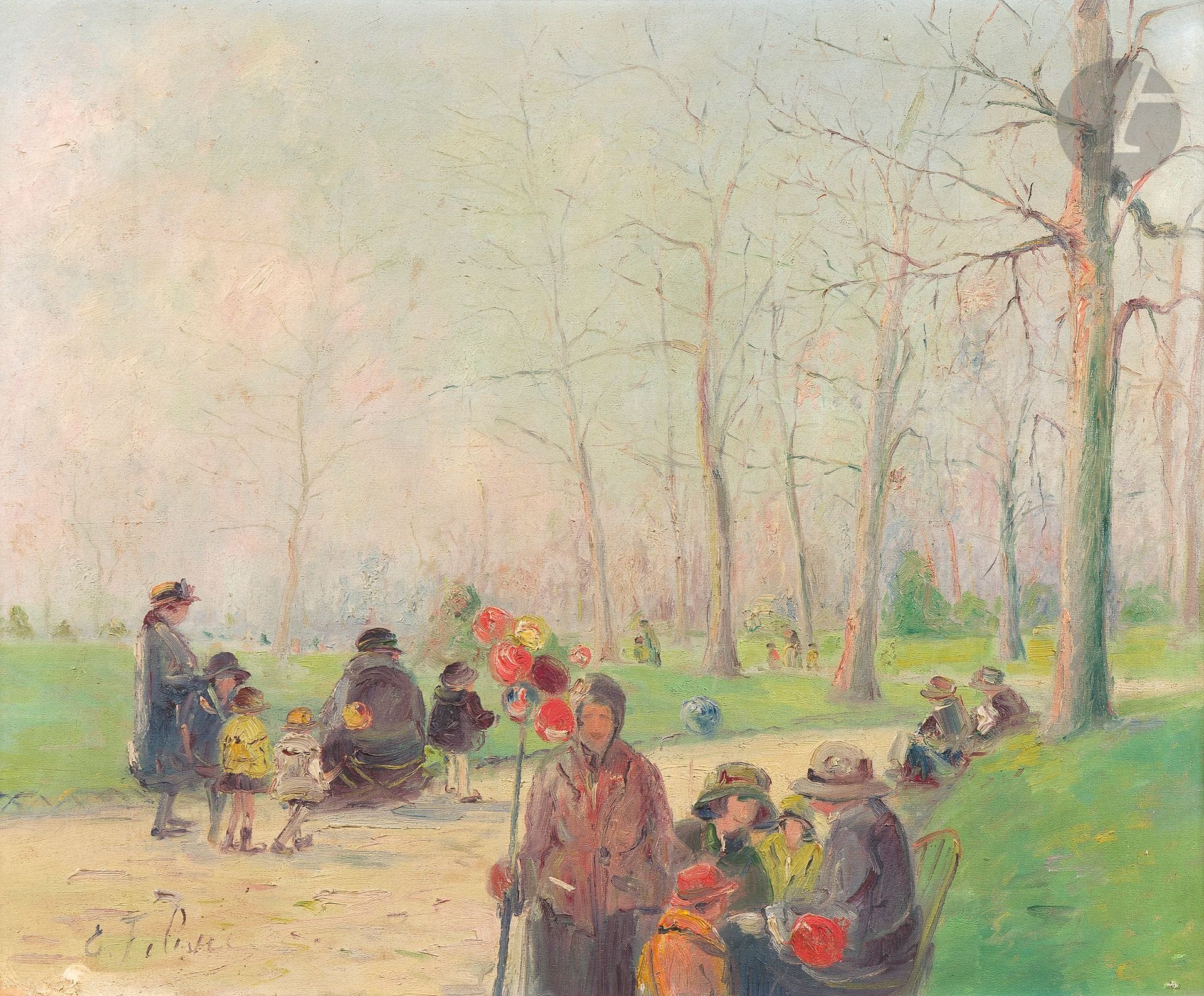 ÉCOLE MODERNE
Promenade au jardin du Luxembourg, 1924
Huile sur toile.
Signée en bas à gauche.
Signée, datée et située au dos.
49 x 60 cm