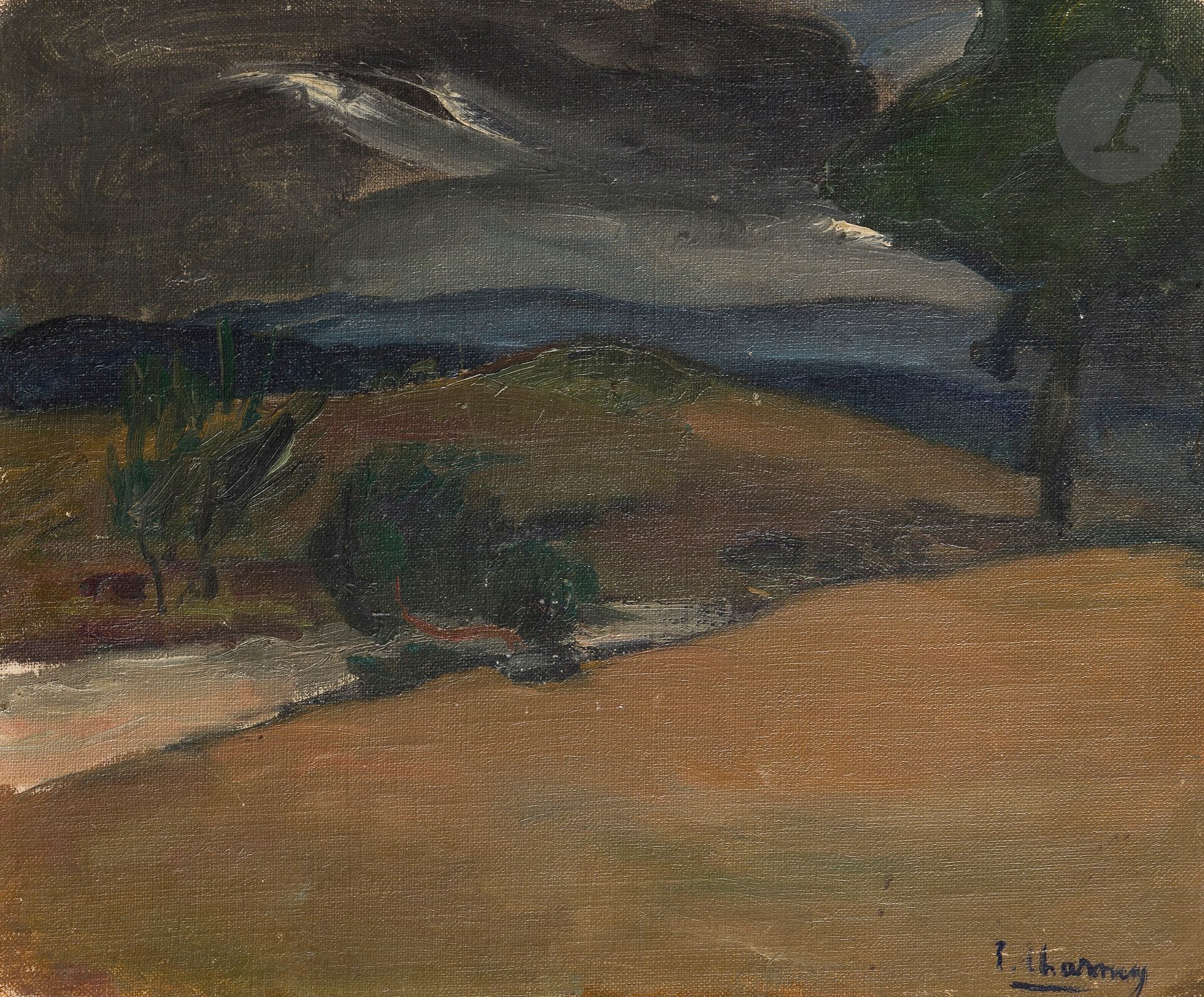 Émilie CHARMY (1878-1974)
Landscape with brook
Oil on canvas pasted on cardboard.
Signed lower right.
(Small chips and wear in the corners).
38 x 46 cm