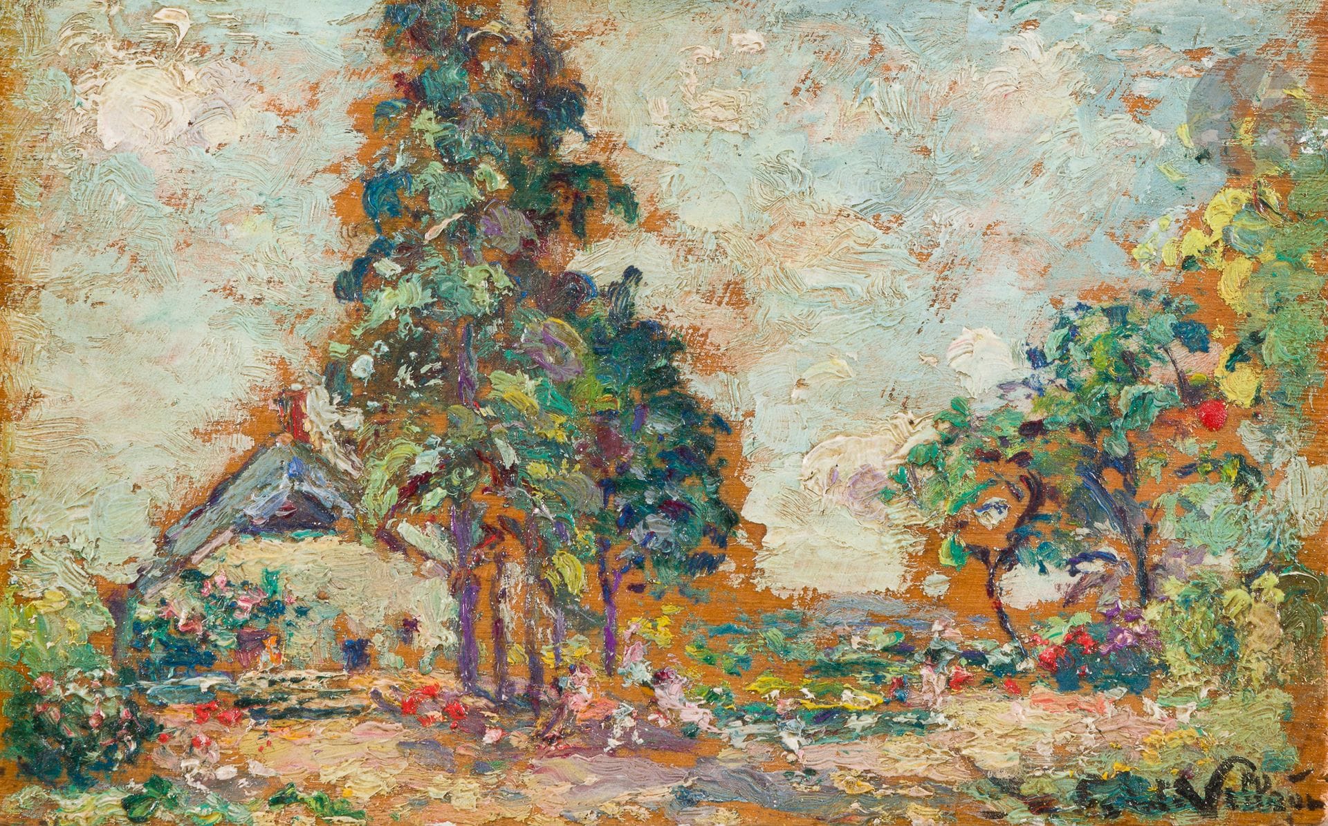 Emmanuel de la VILLÉON (1858-1944)
Scène de campagne
Huile sur panneau.
Signée en bas à droite.
9 x 14 cm

Provenance : 
Galerie Peirce, Paris (étiquette au dos).

Bibliographie : 
Robert W. Peirce-Macnie, Emmanuel de La Villéon 1858-1944, Catalogue raisonné, Montreuil, Éditions Gourcuff Gradenigo, n° 3832.