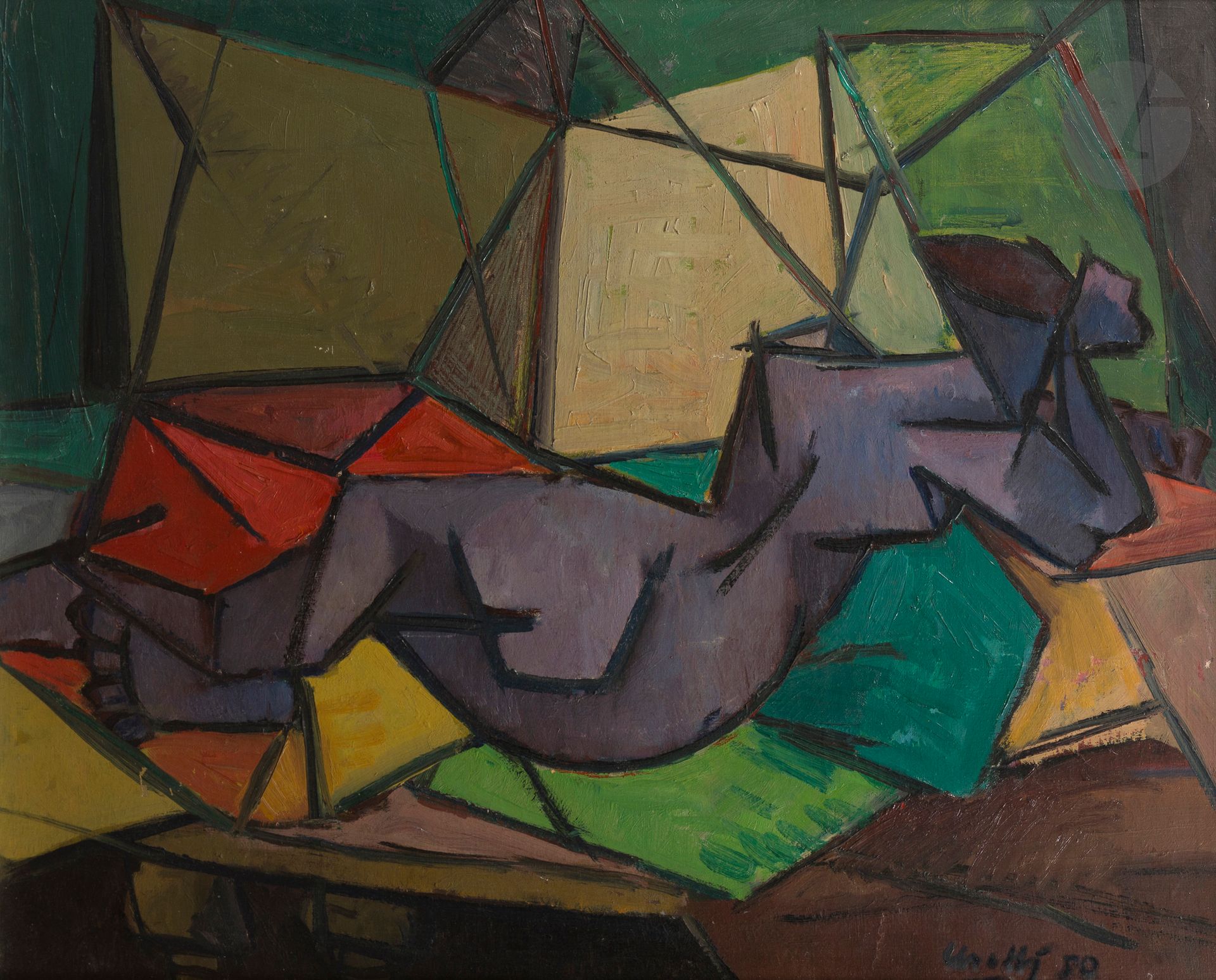 Salih URALLI [turc] (1908-1984)
Nu cubisant, 1950
Huile sur toile.
Signée et datée en bas à droite.
50 x 65 cm