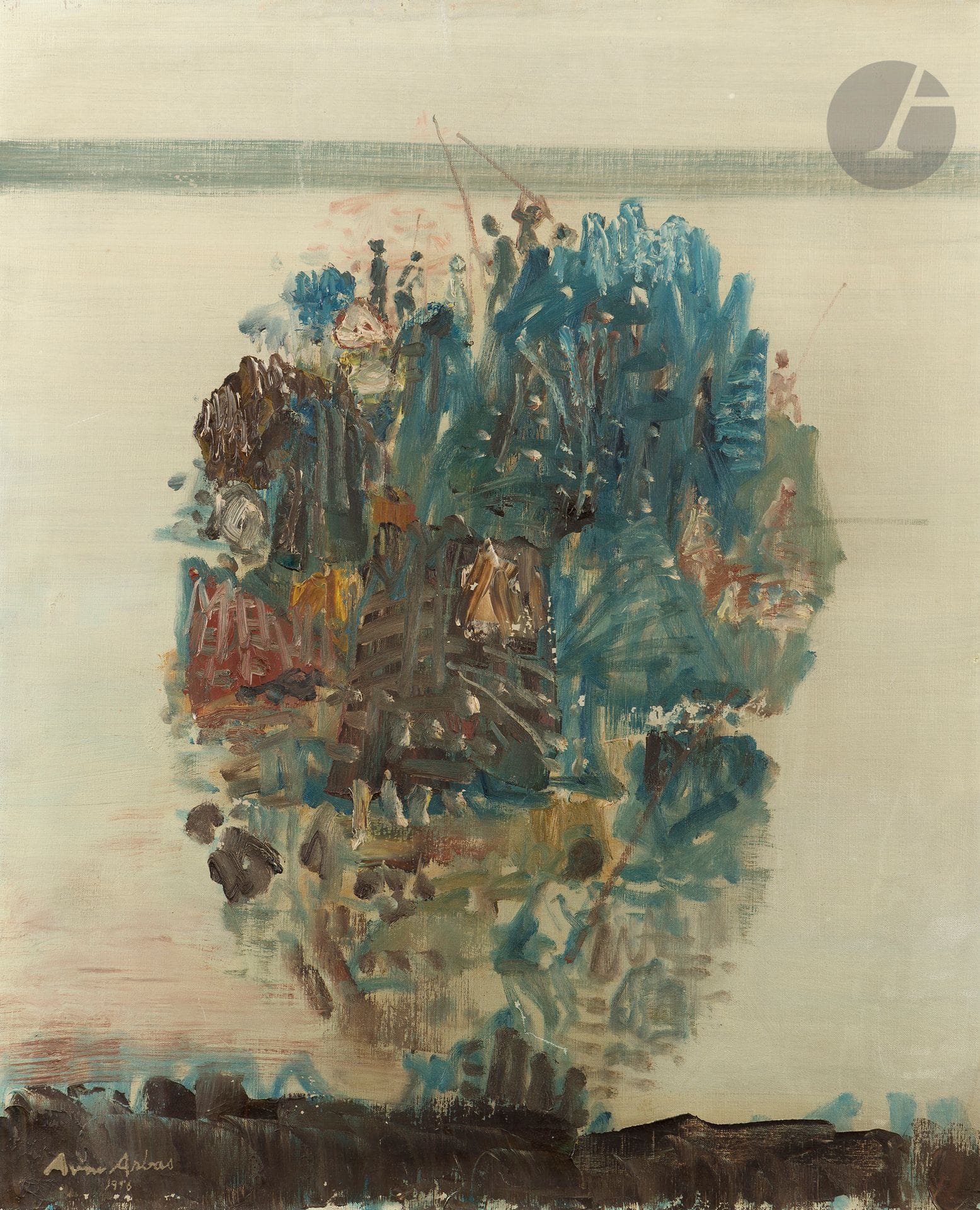 Avni ARBAS [turc] (1919-2003)
Les Pêcheurs, 1956
Huile sur toile.
Signée et datée en bas à gauche.
(Petits manques).
73 x 60 cm

Provenance :
Vente Étude Couturier Nicolay, Hôtel Drouot, Paris, 23 janvier 1991.