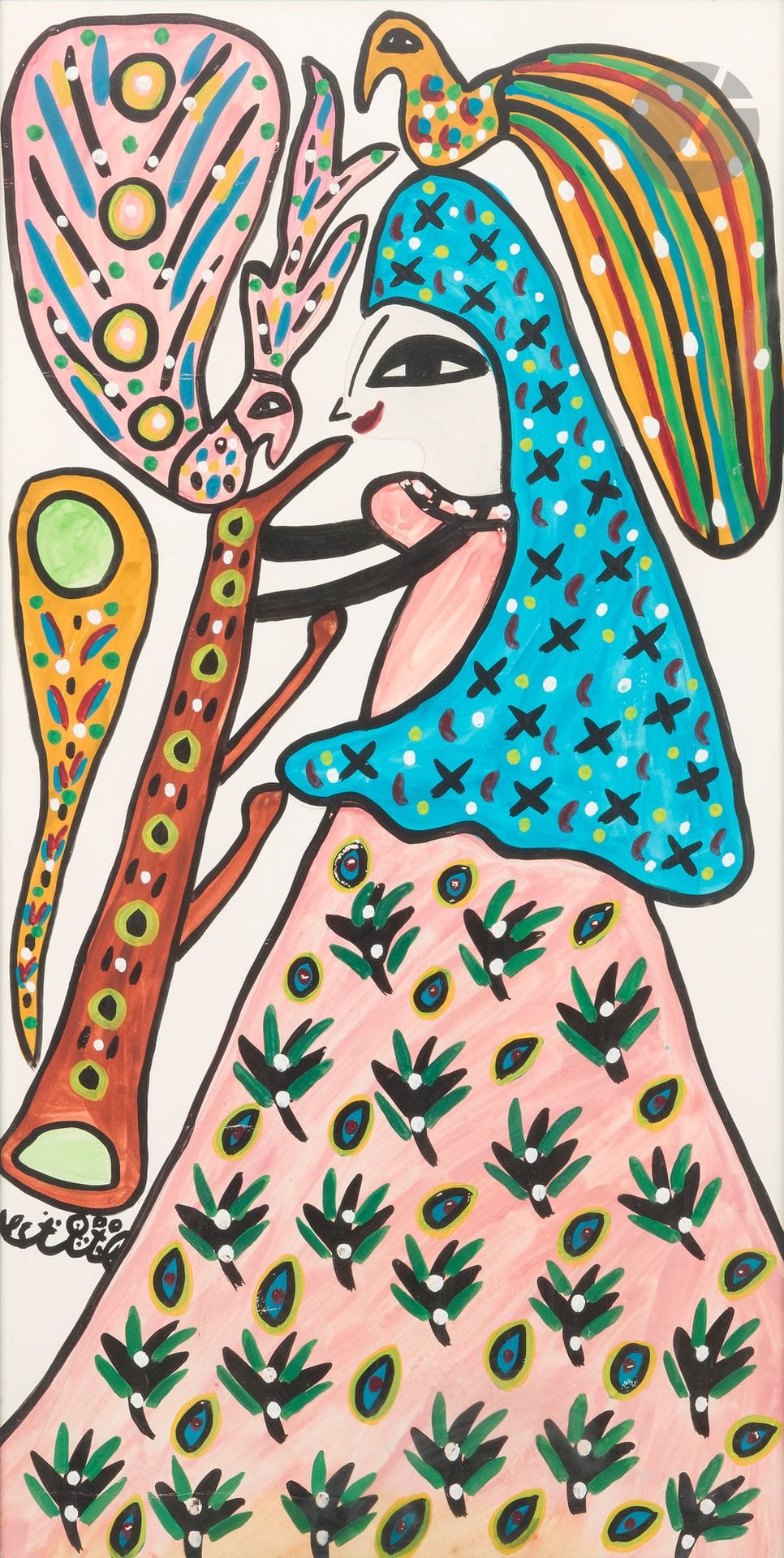 Fatma Haddad dite BAYA [algérienne] (1931-1998)
Femme aux oiseaux, 1982
Gouache sur traits de crayon sur papier.
Signée et datée en bas à gauche.
100 x 50 cm

Provenance : 
Collection particulière Normandie.