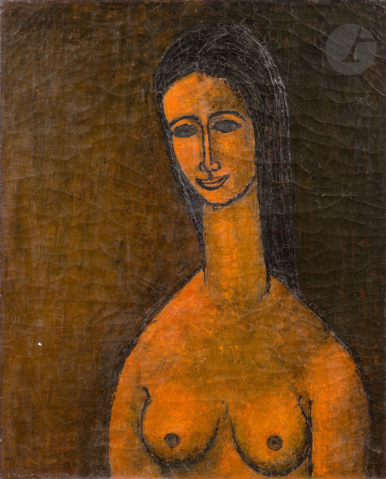 E.FERNANDES (XXème siècle)
Portrait de femme, 1960
Huile sur toile.
Signée et datée en bas à gauche.
Signée et datée au dos.
(Craquelures et manques).
76 x 61 cm

Provenance : 
- Galerie Kekoo Ghandy, Bombay (étiquette au dos).
- Collection particulière, France. Acquis vers 1984 auprès de la précédente. 
L’artiste n’a pu être identifié mais l’esthétique du tableau est à rapprocher des artistes tels que Francis Newton Souza ou Tyeb Mehta qui a également été exposé à la galerie Kekoo Ghandy.