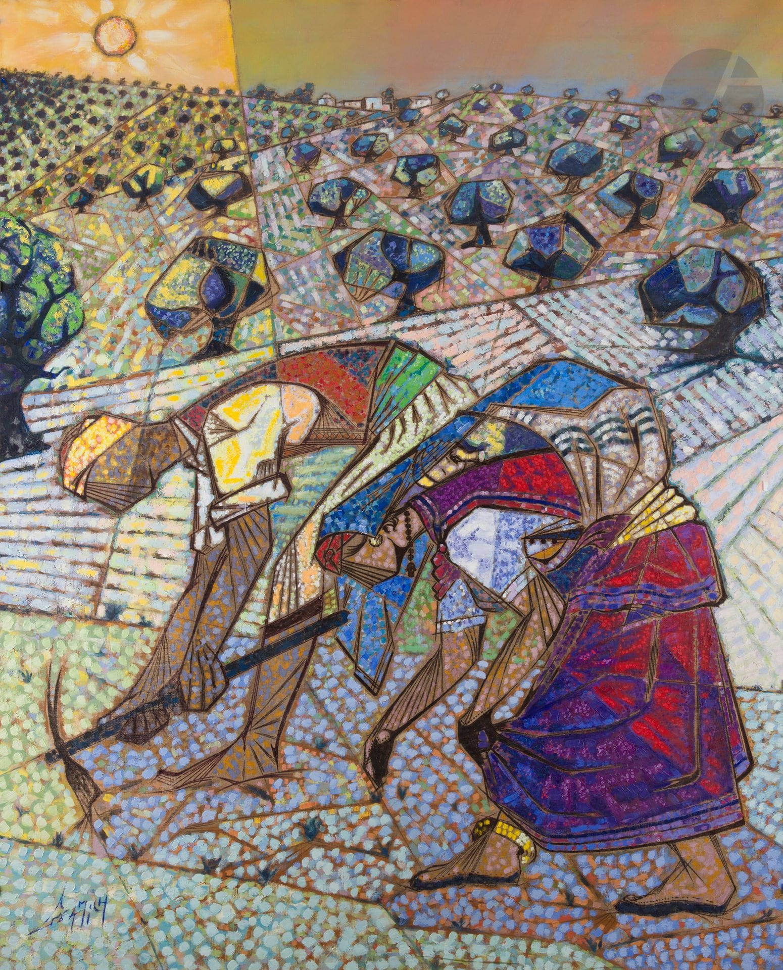 Abdelwahab AMICH [tunisien] 
(né en 1932)
Siban, couple de paysans
Huile sur toile.
Signée en bas à gauche. 
Signée sur le châssis.
146 x 114 cm