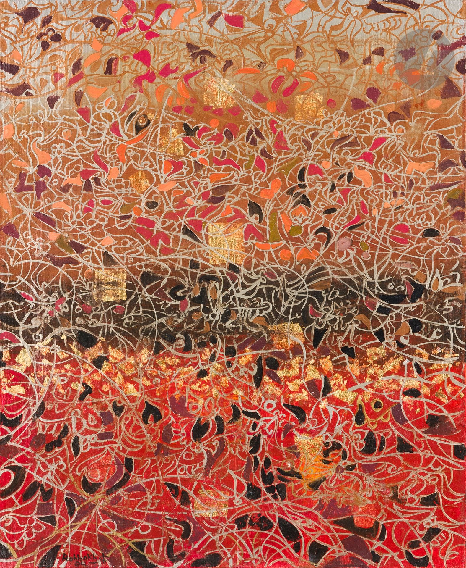 Jafar ROUHBAKHSH [Iranian] (1938-1996)
Untitled, 1994
Oil and gold leaf on unmounted canvas.
Signed and dated lower left.
60 x 50 cm

Provenance : 
Artist's family.