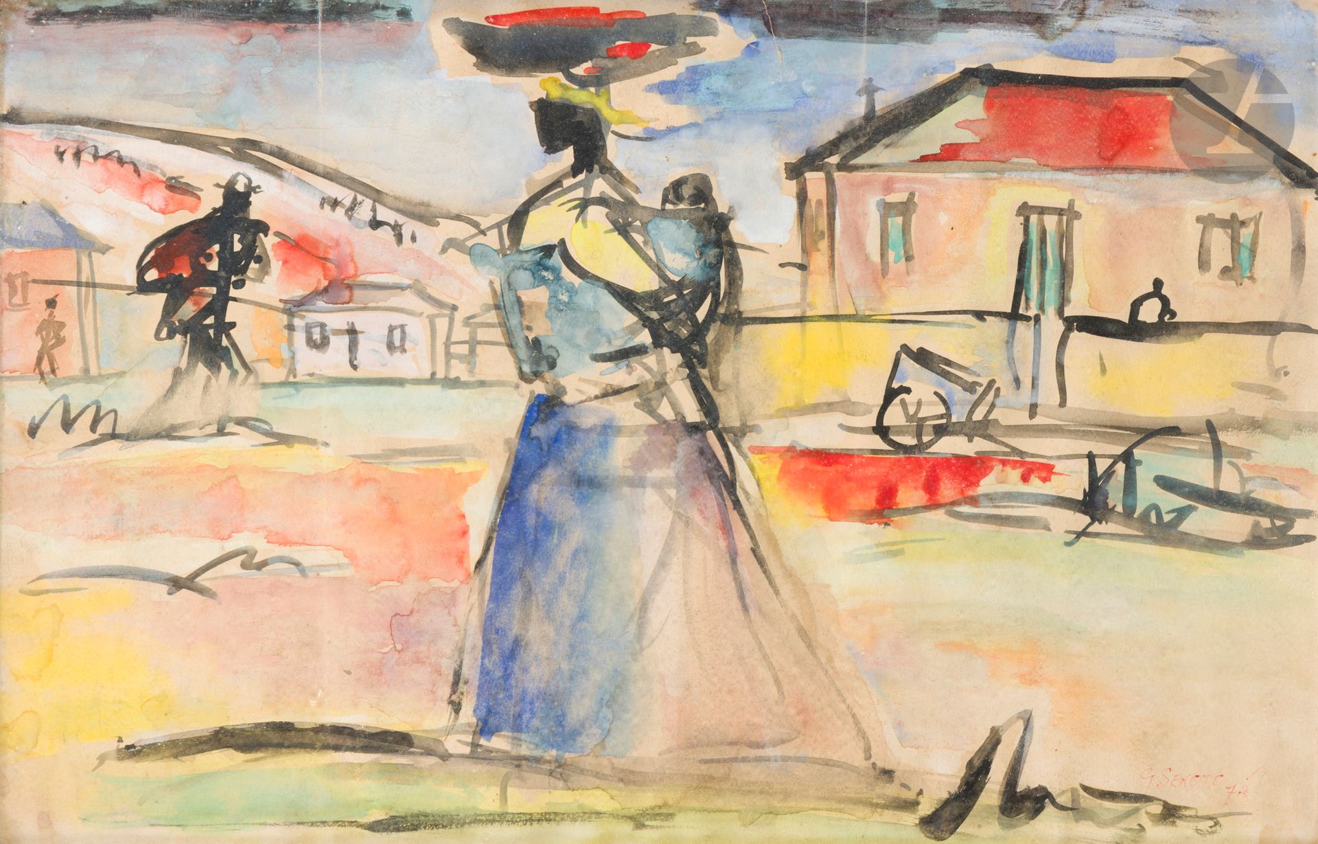 Gérard SEKOTO [sud-africain] (1913-1993)
Femme au village, 1972
Aquarelle.
Signée et datée en bas à droite.
31,5 x 48,5 cm