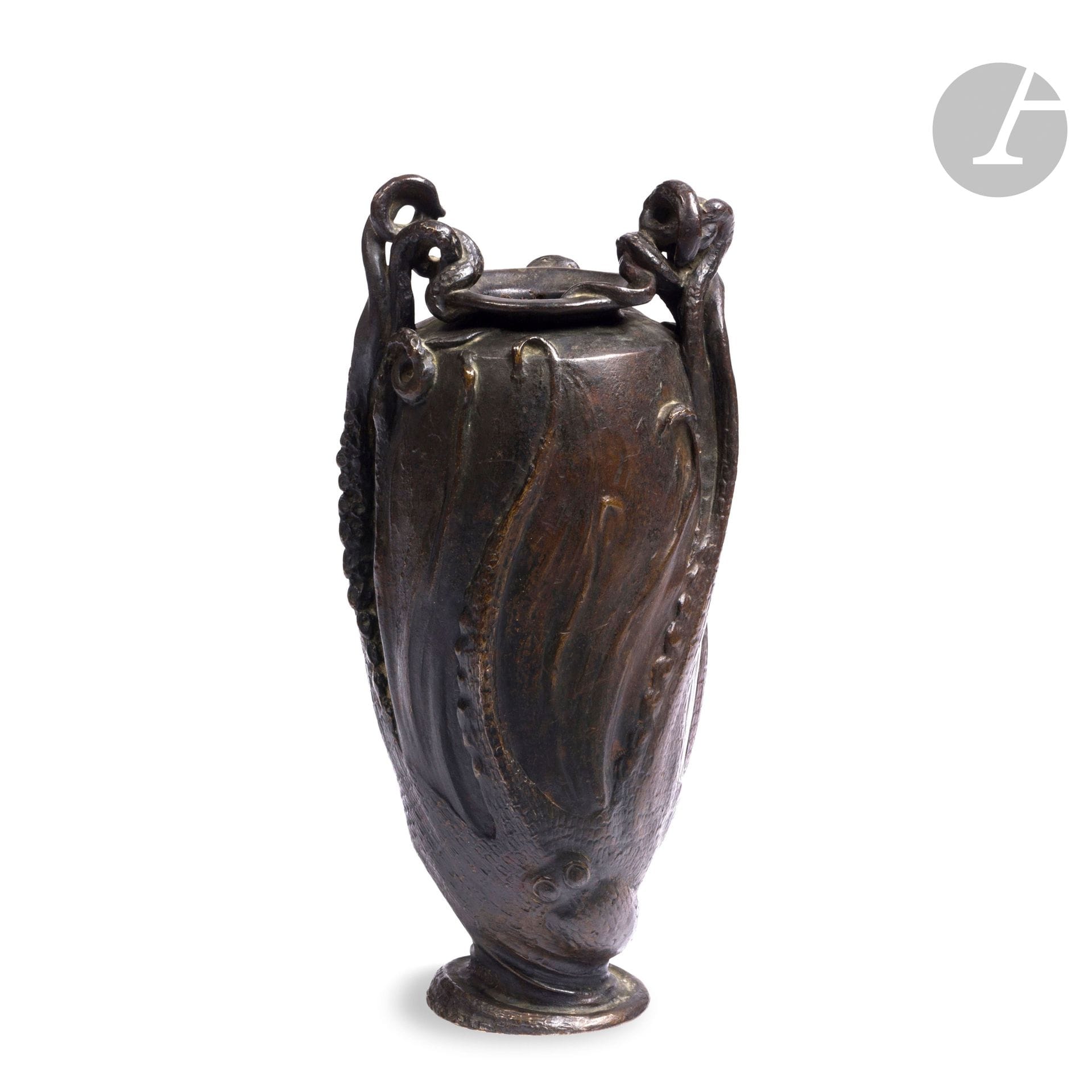 LÉO LAPORTE-BLAIRSY (1865-1923)
The Octopus, circa 1904
Vase-sculpture.
Proof in brown patinated bronze, richly shaded with reddish-ochre.
Early edition cast by Eugène Houdebine.
A possible original dent on one face.
Signed Léo LAPORTE-BLAIRSY, inscribed towards the base.
Height: 29.5 cm

Public collections :
Petit Palais, - Musée des Beaux-Arts de la Ville de Paris - A proof of our vase-sculpture model is kept in the collections of this institution under inventory number OGAL209.

Bibliography :
Alastair Duncan - The Paris Salons 1895-1914- Volume V: Objets d'art &amp; Metalware- Édition Antique Collectors' Club, 1998. A proof of our vase-sculpture model is reproduced on page 367.