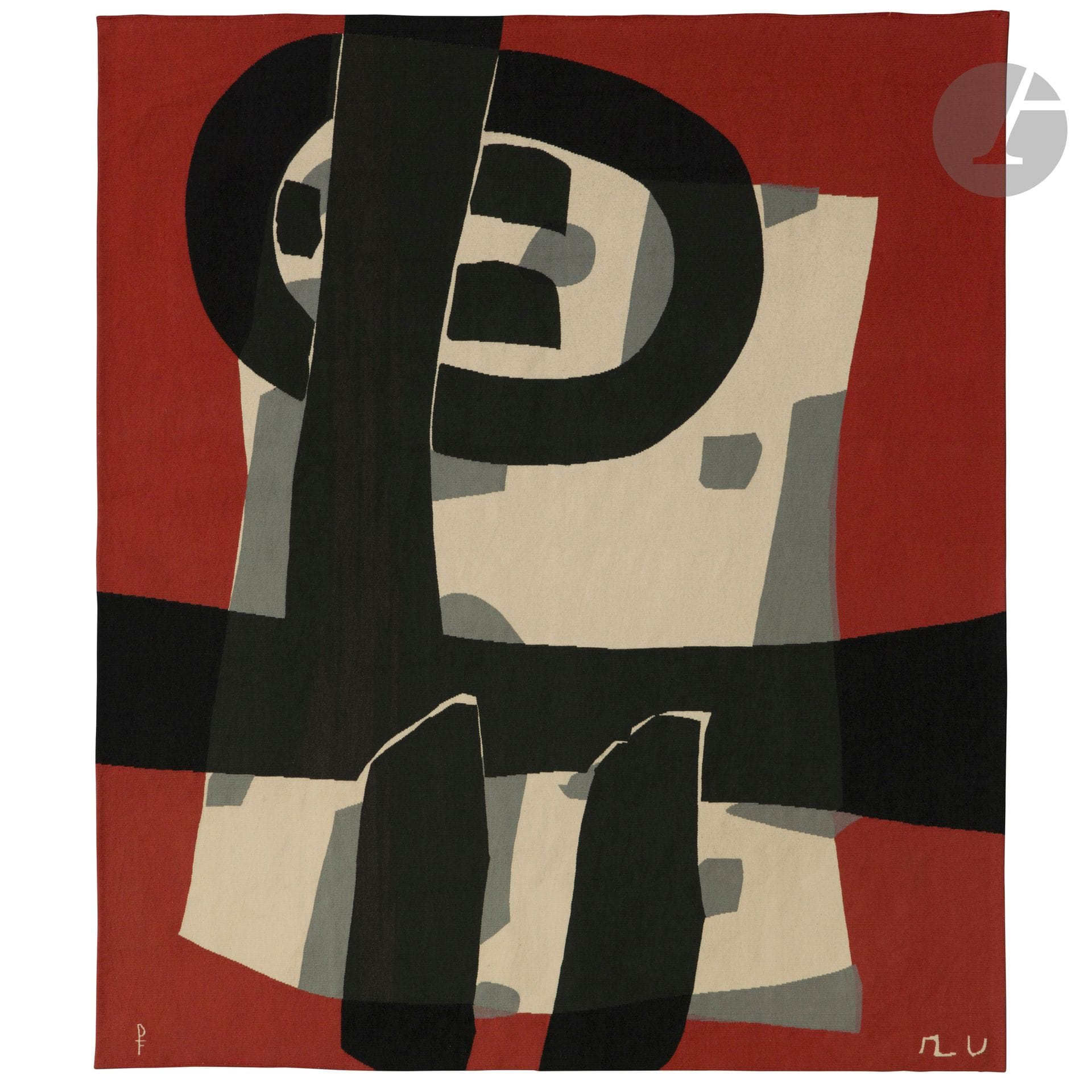 RAOUL UBAC (1910-1985) PAINTER-CARTONNIER &amp; ATELIER PINTON FRÈRES LISSIER À AUBUSSON
Composition, creation circa [1950]
Tapisserie de lice.
Colored wools.
1950s.
Cleaned by Ateliers Pinton in 2000.
Slight insolation, small scattered marks.
Monogrammed R.U. in the weft at lower right, bears the weaver's initials in the weft at lower left, complete with PINTON Frères bolduc on the back, with mentions of cartonnier, dimensions and surface.
216 x 188 cm

Provenance :
Acquired by the current owner's father from Pinton through Jacques Quinet; a close associate of Raoul Ubac and promoter of his work through numerous creations integrated into his interior decorations.

Important note:
Our composition appears on the poster for the monographic exhibition devoted to Raoul Ubac organized by Galerie Maeght in 1950.