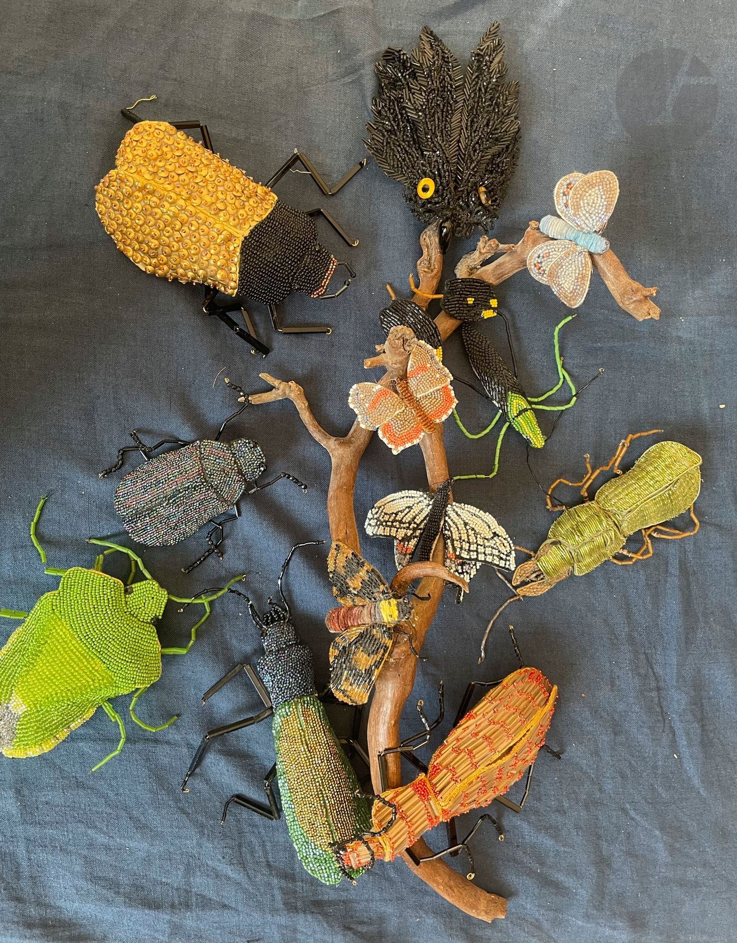 Set of 10 large volume embroidered insects or butterflies, NLM creations. Linen embroidery, colored, translucent or metallic glass beads,