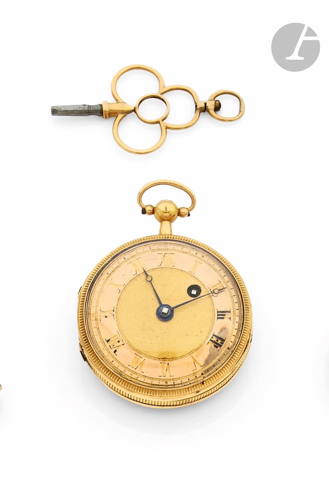 FRENCH WORK
19th century
Small two-tone 18K rose and yellow gold pocket watch with key. 
Case: guilloché reverse, centered with a floral motif in two-tone gold. 
Dial: annular index with engraved Roman numeral markers and minute track, guilloché in the center, blued steel 'Breguet' hands. 
Movement: cylinder escapement, signed P.E. Jacottet. 
Numbered 228-1. 
Diameter: 36 mm 
Gross weight: 37.80 g