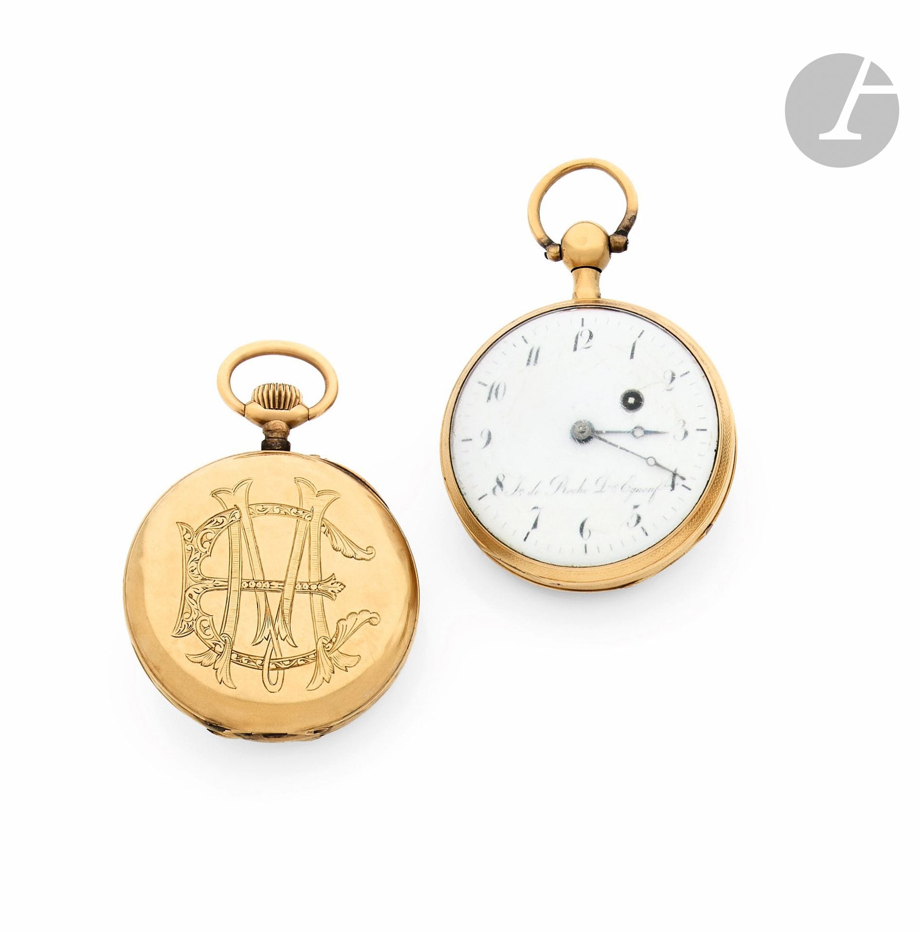 ENSEMBLE DE DEUX MONTRES DE POCHE EN OR JAUNE 18K DU XIXème COMPRENANT : 
- Travail français, revers monogrammé, cuvette en or, poinçon tête de cheval, échappement à cylindre. 
Diam : 44 mm 
- De Roche die Eynouf, cuvette métal, mouvement à coq à répétions, poinçons sphinx à gauche et tête de boeuf. 
Cadran, cuvette et mouvement signés. 
Numérotée 13509. 
Diam. 44 mm 
Poids total brut : 147,0 g