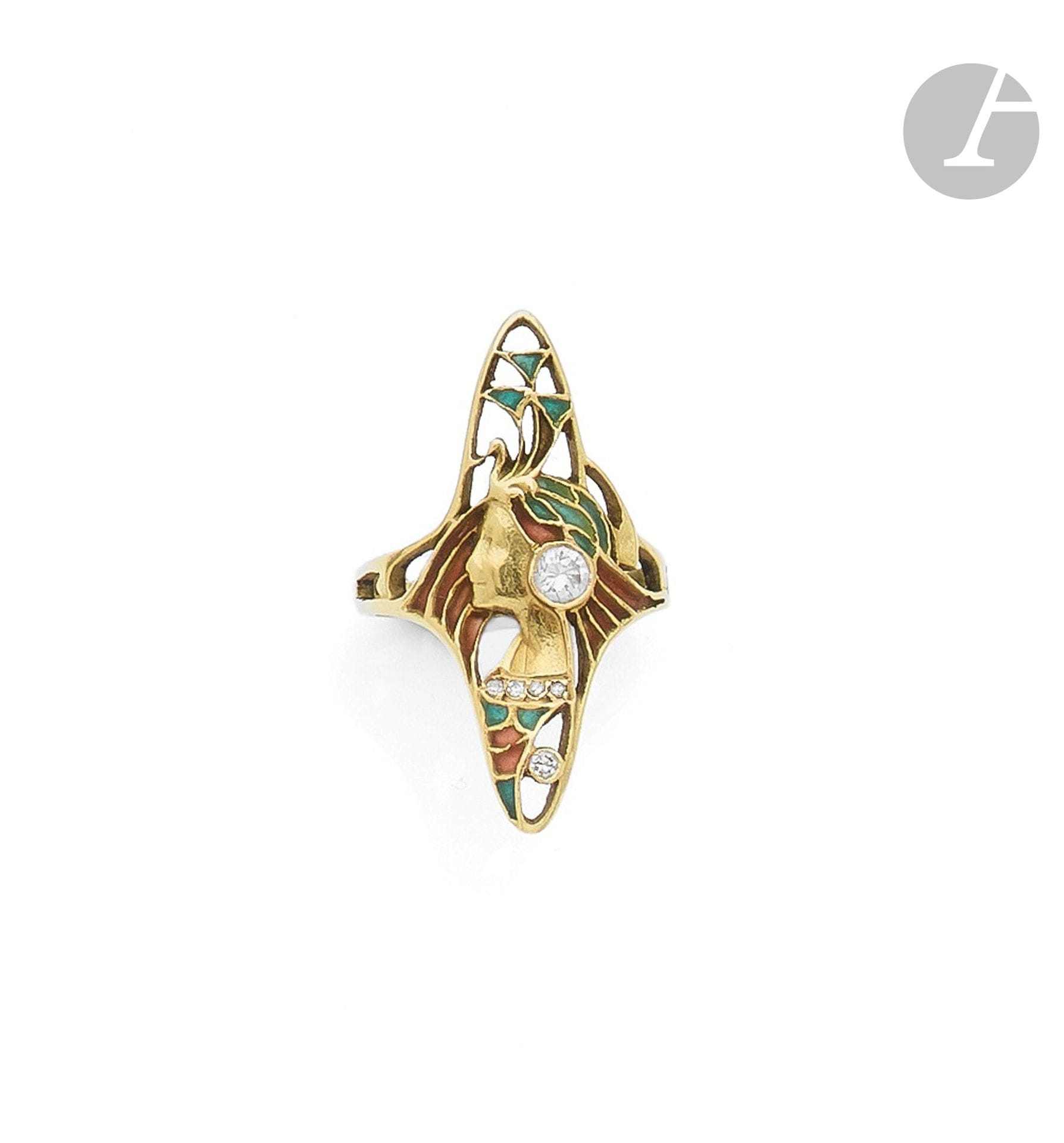 18K (750) gold ring, featuring an enameled "Egyptian" girl, the ear and neck highlighted with round brilliant-cut or 8/8-cut diamonds. French work, late 20th century. Finger size: 51. Gross weight: 4.7 g

An enameled ring
