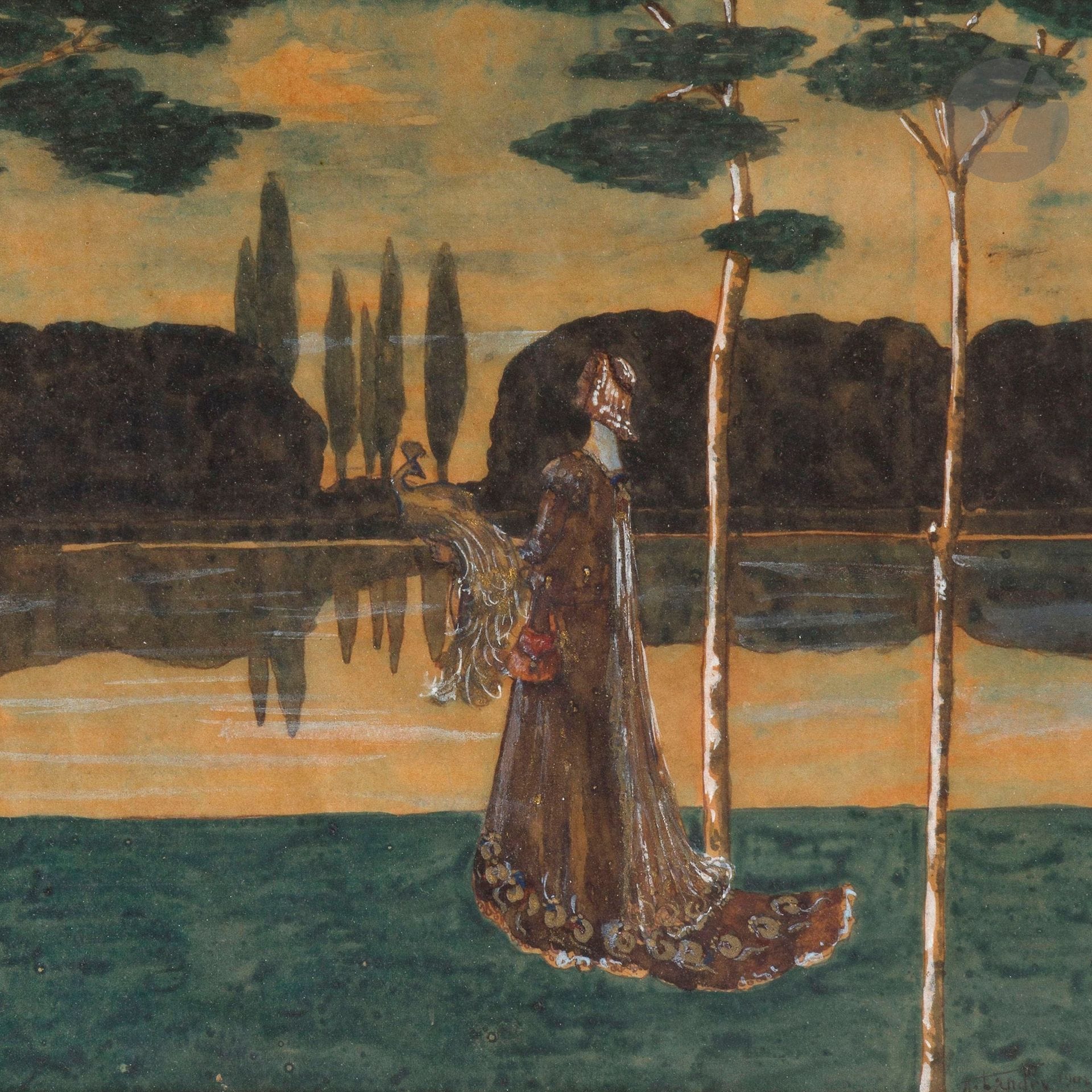 ABEL LANDRY (1871-1923)
Élégante et paon au bord du lac
Aquarelle. Vers 1900. Signée A. LANDRY en bas à droite. À vue: 19x22cm