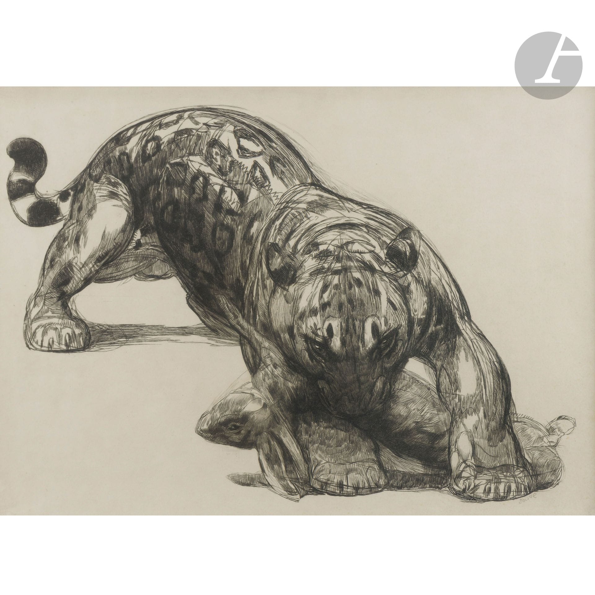 PAUL JOUVE (1878-1973)
Jaguar au lièvre, 1930, très rare épreuve sur parchemin destinée à l’artiste, une autre épreuve présentée au XXIe Salon des Artistes Décorateurs, Paris, 1931
Eau-forte. Rare épreuve sur parchemin ; contrecollée sur carton. Présentée sous marie-louise et dans un encadrement de style Art déco. Signée JOUVE, en bas à droite. Feuille de parchemin : 47x66,5 cm – Avec encadrement 77x96 cm

Historique :
Cette eau-forte Jaguar au lièvre fit l’objet d’un tirage à 50 exemplaires sur papier Japon. Parallèlement quelques épreuves réservées à l’artiste furent tirées sur parchemin et sur basane ; c’est l’une d’elles qui est présentée aujourd’hui.

Exposition :
XXIe Salon des Artistes Décorateurs, Pavillon de Marsan (Louvre), Paris, 1931– Une épreuve du Jaguar au lièvre fut présentée lors de cette manifestation.

Collections publiques :
Musée d’Art Moderne de la Ville de Paris – Une épreuve du Jaguar au lièvre est conservée dans les collections de cette institution.

Bibliographie :
Félix Marcilhac – Paul Jouve, peintre sculpteur animalier – Les Éditions de l’Amateur, Paris, 2005. Une épreuve du Jaguar au lièvre reproduite pages 186 et 366.