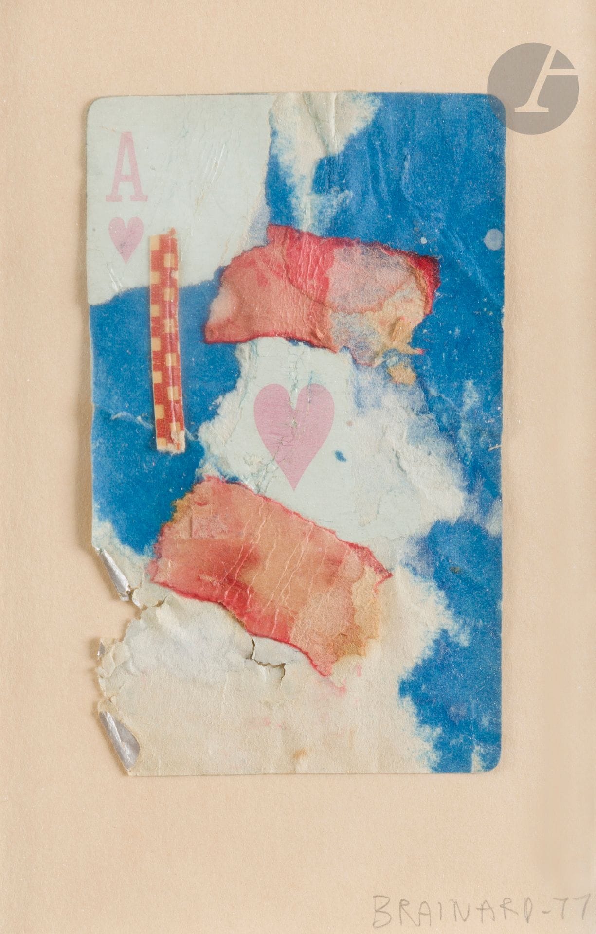 Joe BRAINARD [américain] (1942-1994)
Ace of hearts, 1977
Collage de papiers et de carte à jouer.
Signé et daté en bas à droite.
12 x 8,5 cm

Provenance : 
- Fischbach Gallery, New York (étiquette au dos sur le montage).
- Galerie 1900-2000, Paris.

Exposition : 
The Third Mind, Palais de Tokyo, Paris, 27 septembre 2007 - 3 janvier 2008 (annotations au dos).