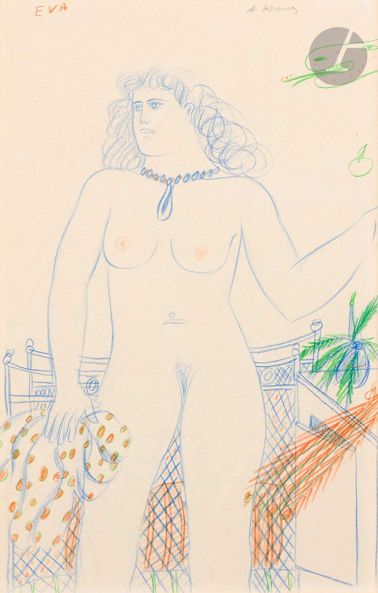 Alekos FASSIANOS [grec] (1935-2022)
Eva
Crayons de couleur.
Signé en haut à droite.
Titré en haut à gauche.
49 x 32 cm