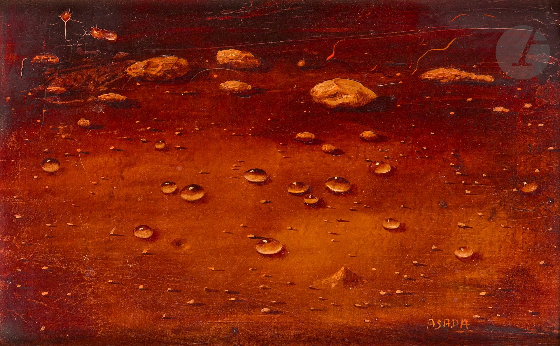 Hiroshi ASADA [japonais] (1931-1997)
Les Gouttes
Huile sur toile.
Signée en bas à droite.
14 x 22 cm