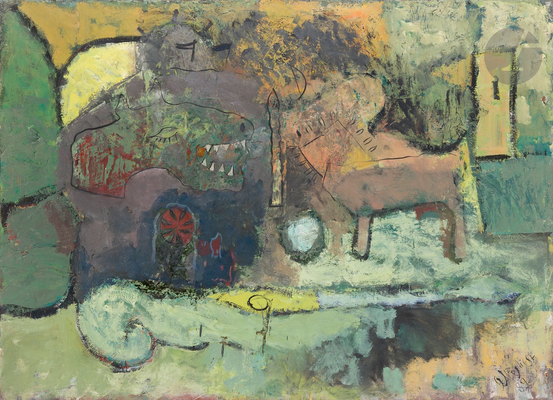 Alexandre PUGLIESE (né en 1960)
L'Haro denté, 1989
Huile sur toile.
Signée et datée en bas à droite.
Signée, datée et titrée au dos.
73 x 100 cm

Provenance : 
Acquis directement auprès de l'artiste en 1994.

Cette œuvre est inscrite au Catalogue Raisonné de l'artiste sous le n° 203.

Nous remercions Monsieur Alexandre Pugliese pour les informations qu'il nous a transmises.