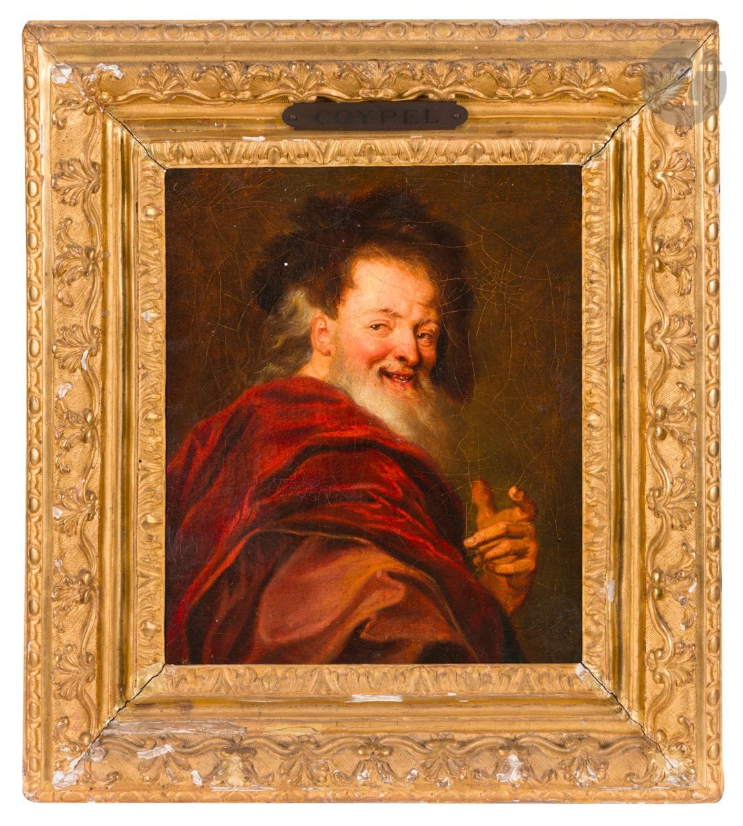 Attribué à Antoine COYPEL (1661 - 1722)
Tête de Démocrite
Toile
21,5x18cm
Porte une inscription ancienne sur une étiquette au revers du châssis «Tête de Démocrite par Coypel / restauré en 1909» 

Provenance:
Collection du marquis de Calvière, château de Vézénobres.