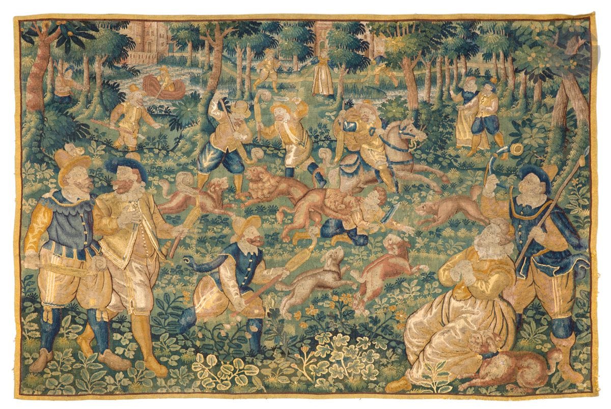 Fragment de tapisserie des Flandres représentant une scène de chasse; (restaurations; sans bordure).
Début du XVIIe siècle.
160cmx223cm