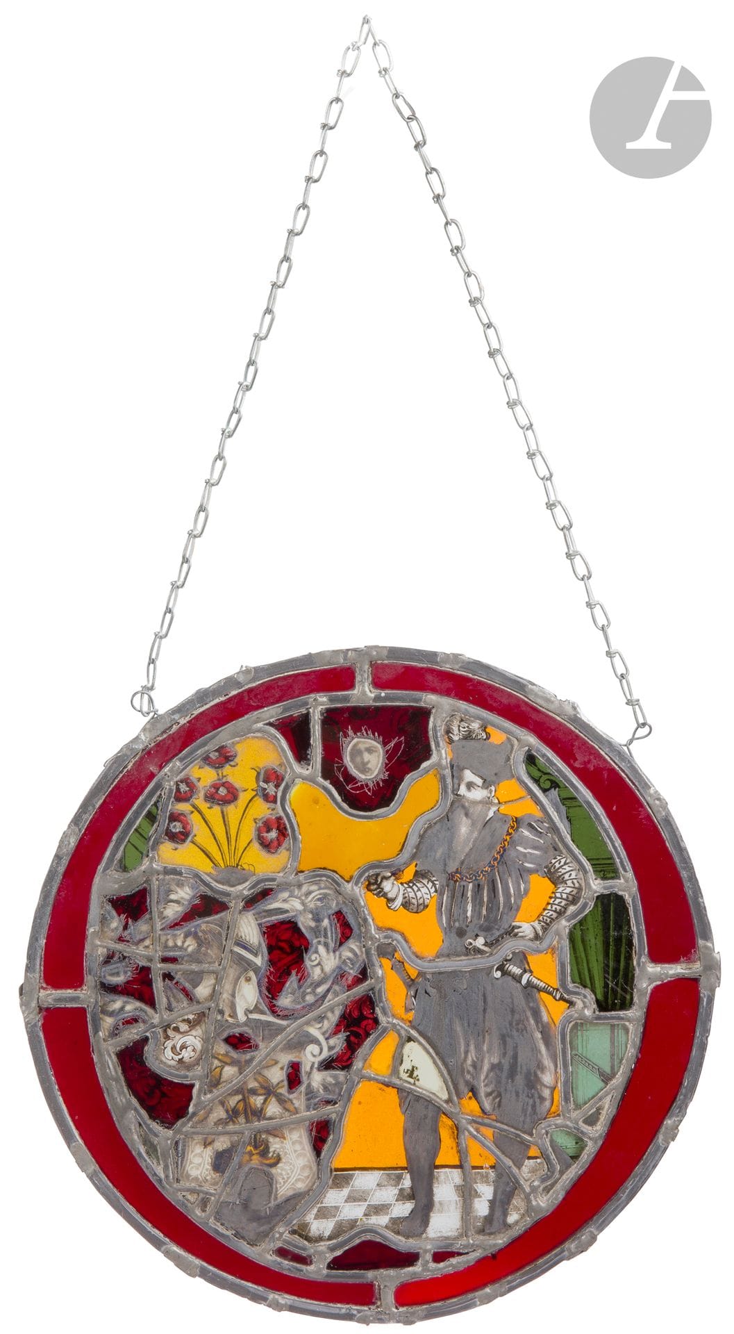 Rondel en verre à décor d’une armoirie et d’un homme en costume de la Renaissance.
Pays alémaniques, XIXe siècle
D. : 28 cm
(petits accidents et restaurations)