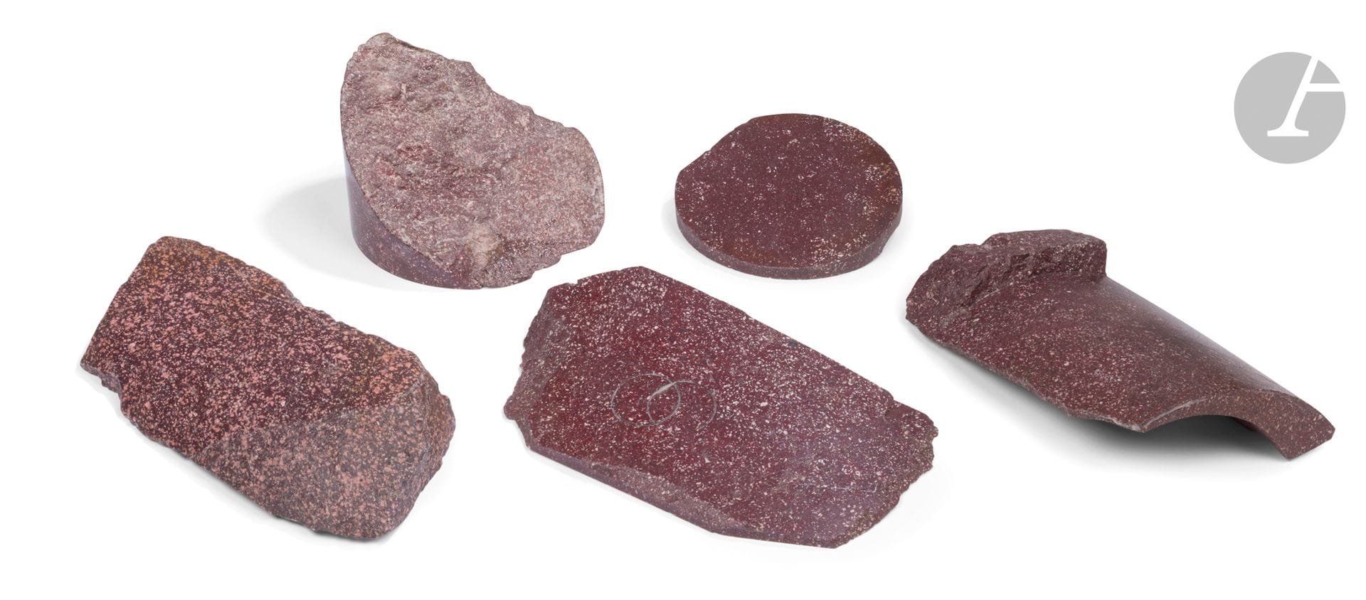 Five fragments of Egyptian porphyry.
L: between 14 cm and 25 cm