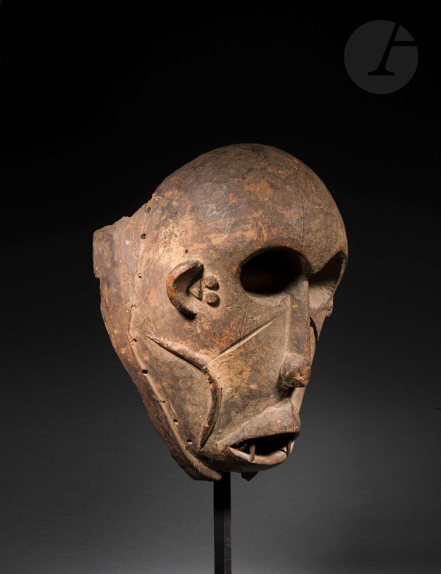 A very ancient mask of a rare typology, with temples and face marked by scarifications, keloids in relief but also engraved. Its deeply sculpted skull-like orbital cavities and large, pointed teeth set in its mouth give it a ferocious, terrifying presence. Traditional life in Igbo country is punctuated by important masquerades, particularly during the dry season, featuring such a multitude of different masks that it's impossible to draw up a precise inventory. They were (and still are) created and animated by secret societies, essentially male, concerned with the initiation of young people, but also playing an important role as social regulators. 
Igbo, Nigeria
Wood, embedded teeth, visible cracks and heavy erosion (woodborers) on the reverse and on one side of the mask, very fine old oxidation, and very fine patina from use.
H.28cm

Provenance: Robert Saintgery Collection, Paris
Robert Saintgery Collection, Paris
Passed on by descent