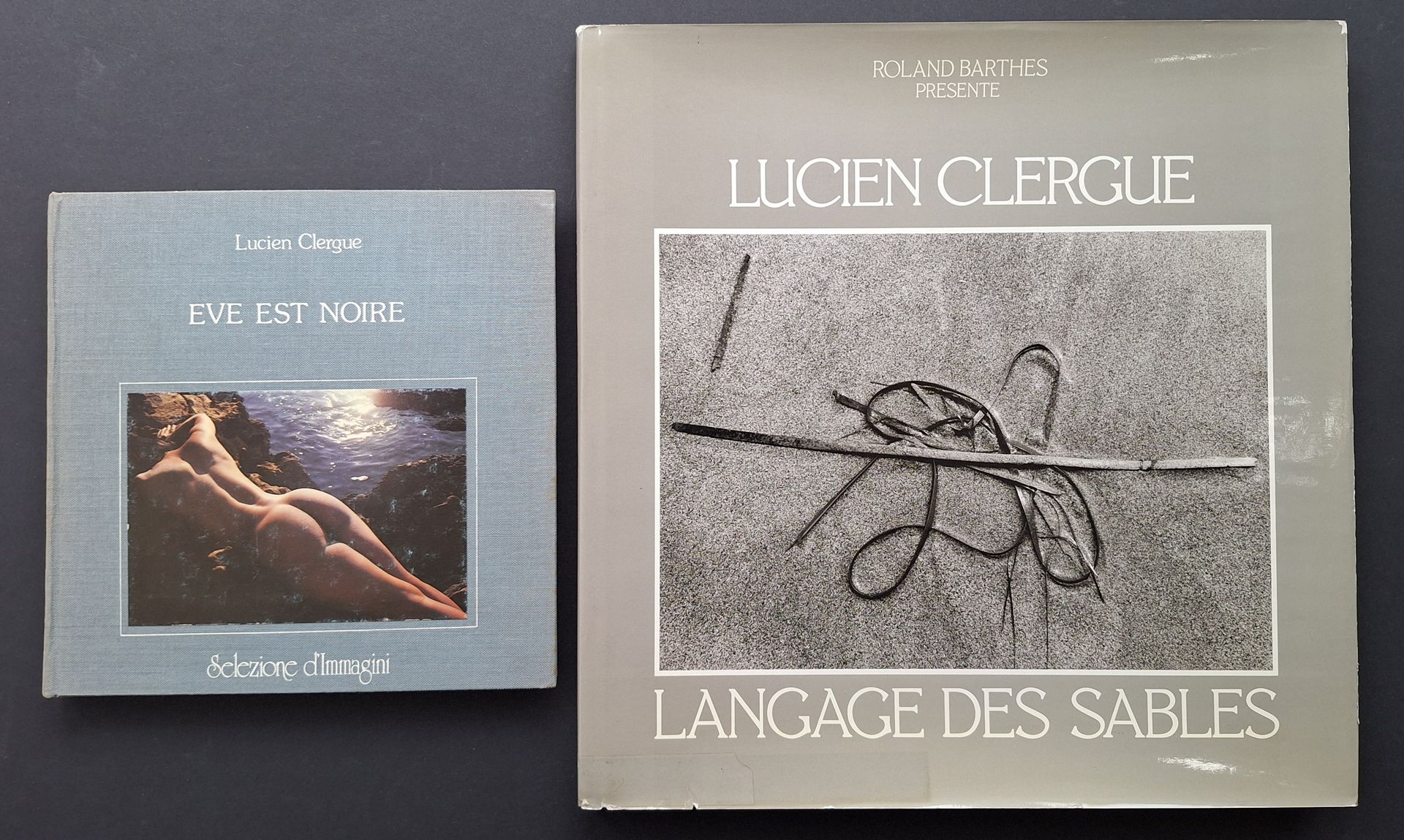 CLERGUE, LUCIEN (1934-2014)
2 ouvrages.
*Eve est noire.
Selezione d'Immagini, 1982.
In-8 (20 x 20 cm). Édition originale. Texte en français et en italien par Lucien Clergue. 27 photographies reproduites en couleurs. Reliure en tissu bleu, titré en blanc, avec étiquette photographique contrecollée sur le 1er plat.
*Langage des sables.
Editions Agep, 1980.
In-4 (30 x 30 cm). Édition originale. Introduction de Lucien Clergue. Texte de Roland Barthes. 73 photographies reproduites en noir et blanc. Reliure en tissu brun avec titre embossé, sous jaquette illustrée.