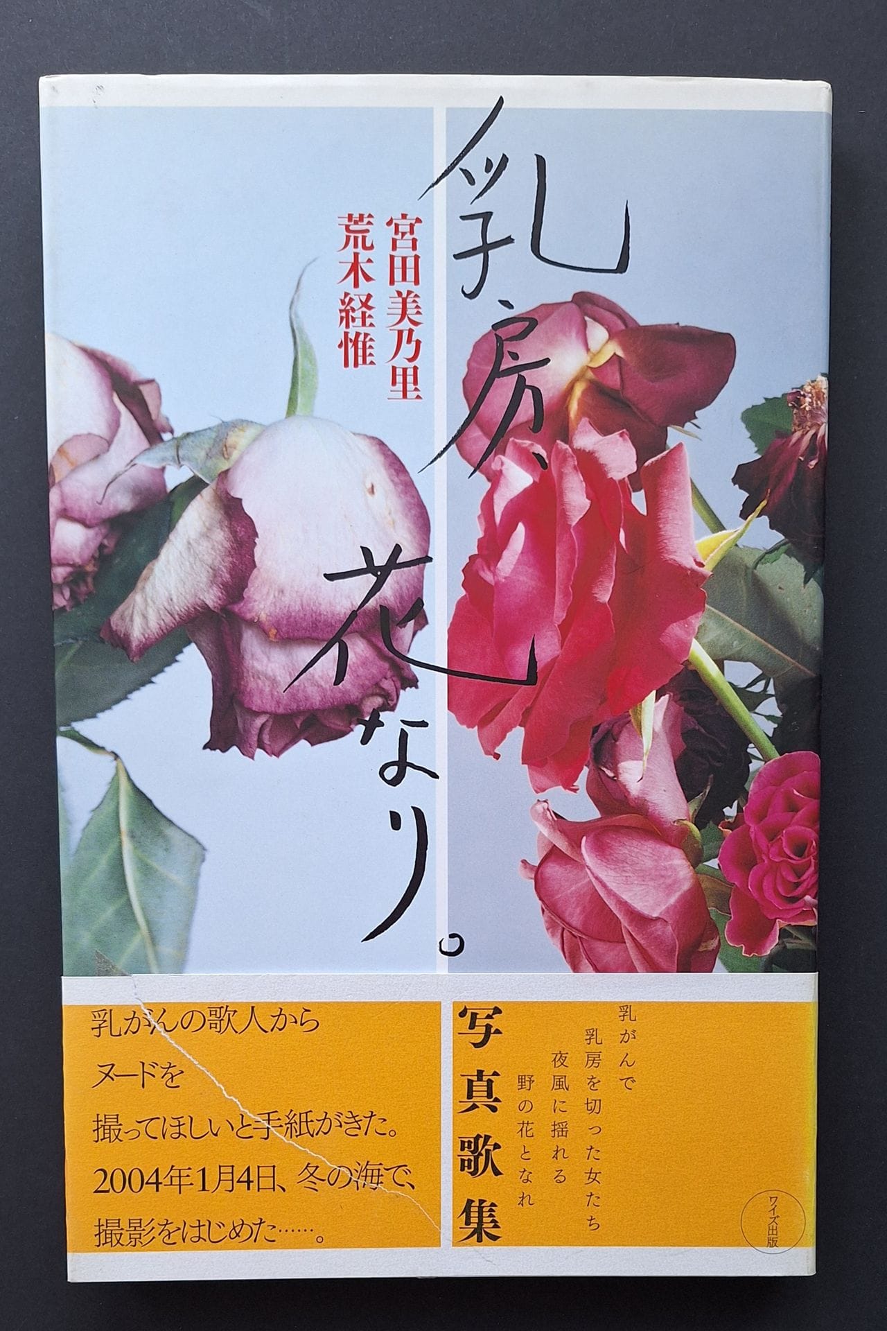 ARAKI, NOBUYOSHI (1940)
Chibusa.
Hana nari by Nobuyoshi Araki and Minori Miyata.
Wides Shuppan, 2004.
In-4 (30 x 20 cm). Édition originale. 172 pp. Photographies reproduites en noir et blanc et en couleurs. Ce livre met en exergue un modèle amputé d'un sein, suite à un cancer. La beauté du modèle nu, malgré l'amputation, est magnifié par l'univers d'Araki: nuages, fleurs, paysages.... Cartonnage d'éditeur sous jaquette illustrée et bandeau conservé (une déchirure au bandeau).