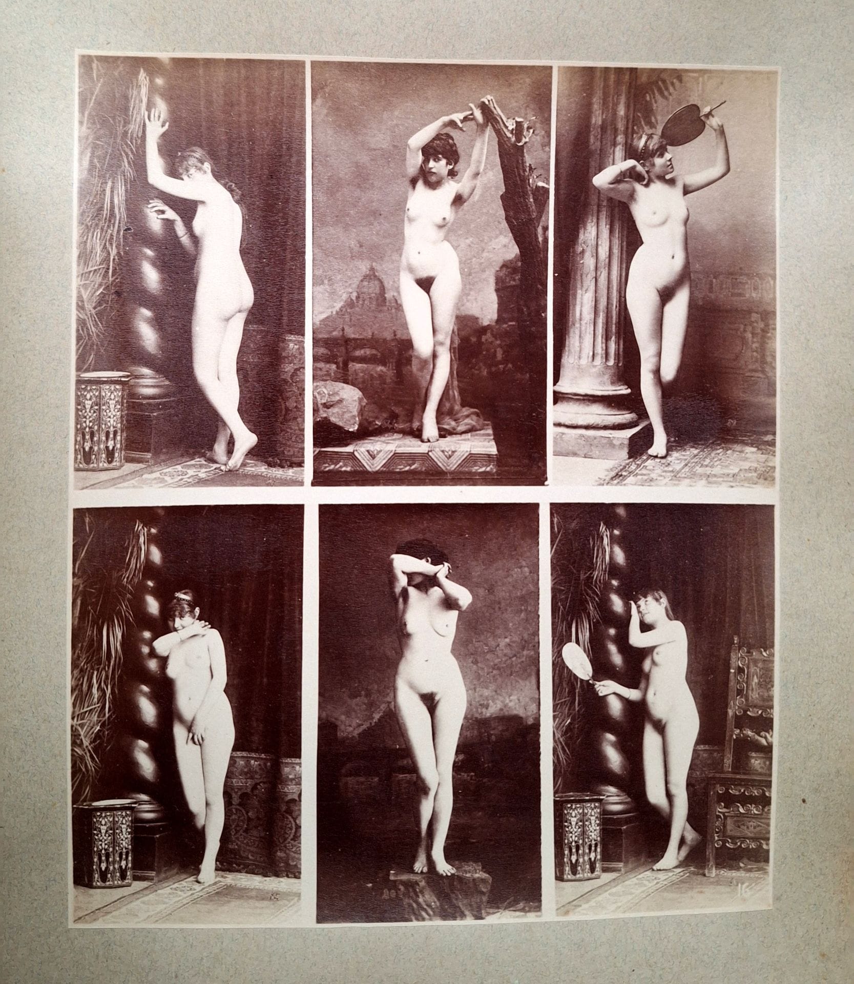 IGOUT, LOUIS JEAN-BAPTISTE (1837-1881)
Album d'Etudes de Poses.
Calavas Ed. circa 1880/1885.
In-folio (35 x 26 cm). 22 plates of 6 photographs each, 132 different poses. Albumin prints. Bound in half-leather (wear to cover).