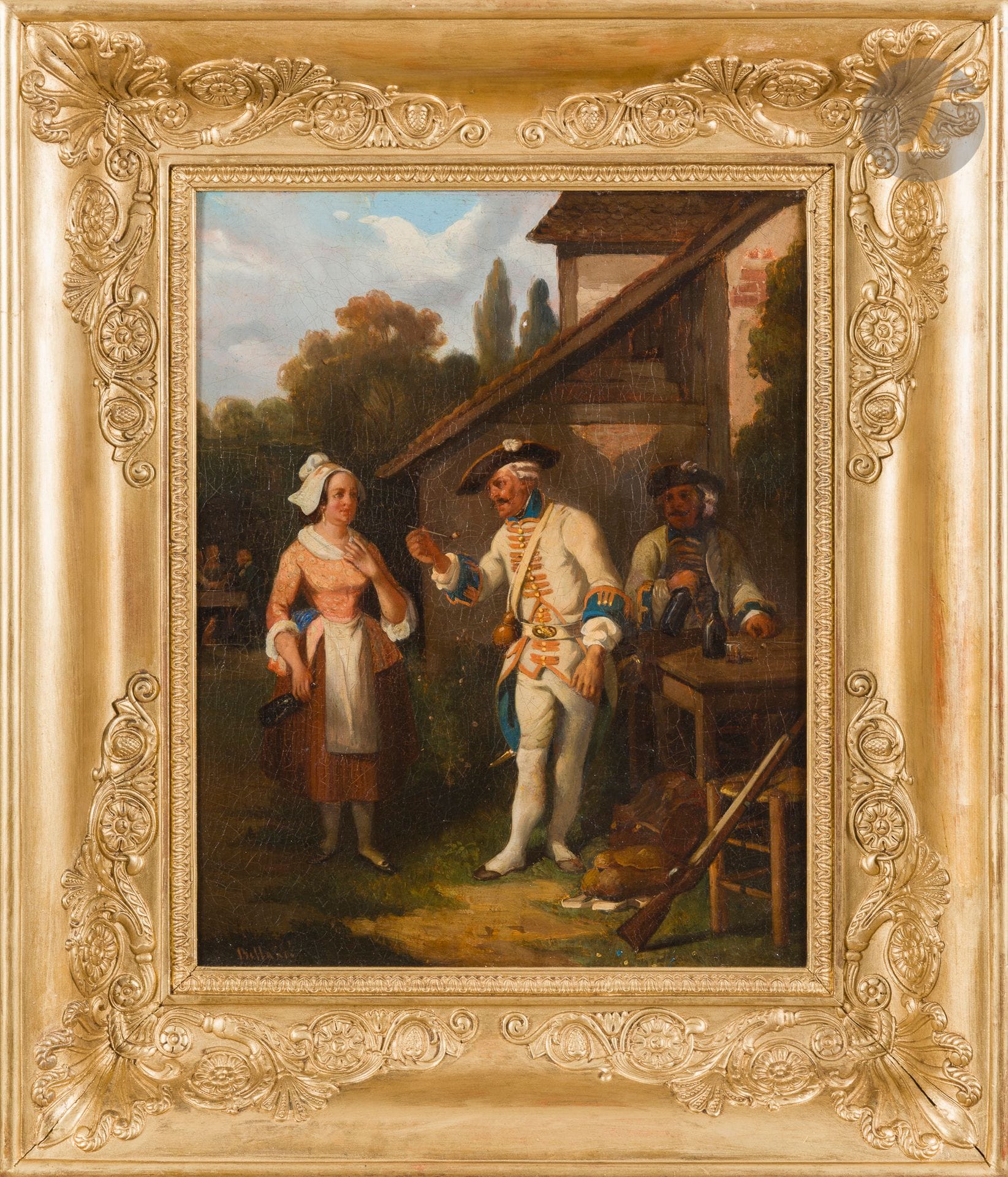 École FRANÇAISE du XIXème siècle
Soldats et cantinière
Toile
40,5 x 32,5 cm
Porte une inscription en bas à gauche "Bellangé"