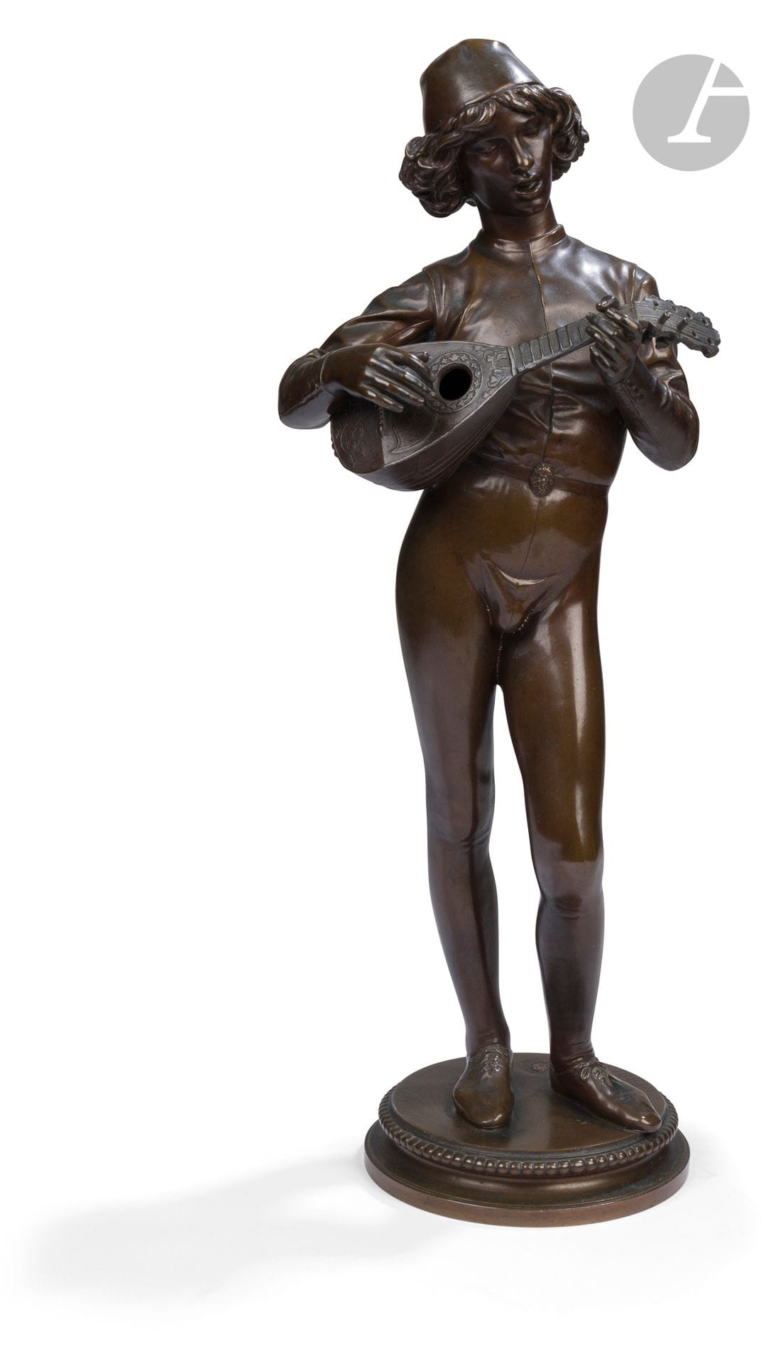 Paul DUBOIS (1829-1905) 
Chanteur florentin
Epreuve en bronze patiné.
Marqué sur le poutour de la terrasse : "F. BARBEDIENNE FONDEUR - P. DUBOIS 1865" et cachet "Réduction mécanique A. Colas Bréveté"
H. : 48 cm