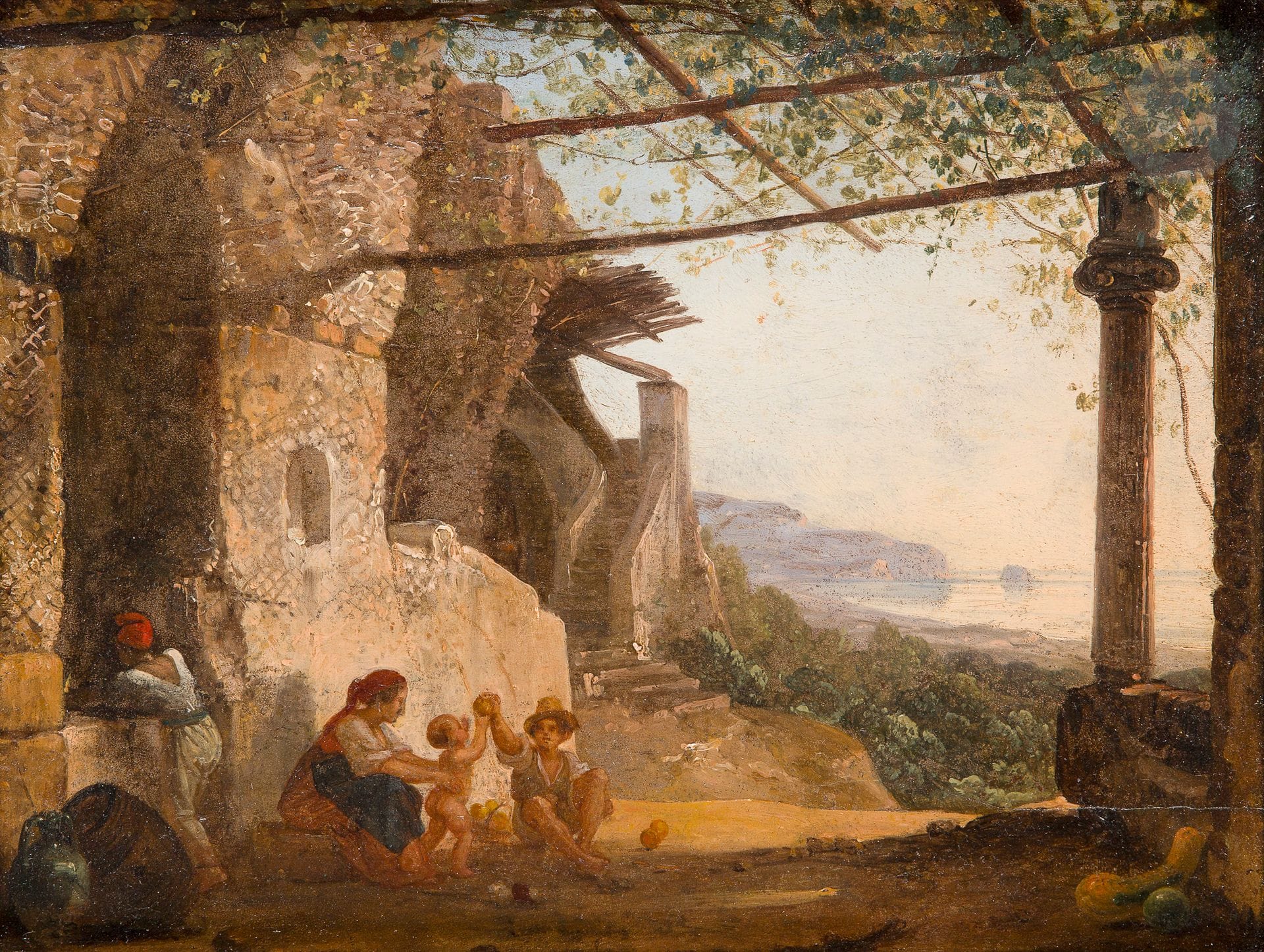 École ITALIENNE vers 1840
Jeune napolitaine et ses enfants
Papier marouflé sur panneau
21,5 x 28,5 cm
(Restaurations anciennes)