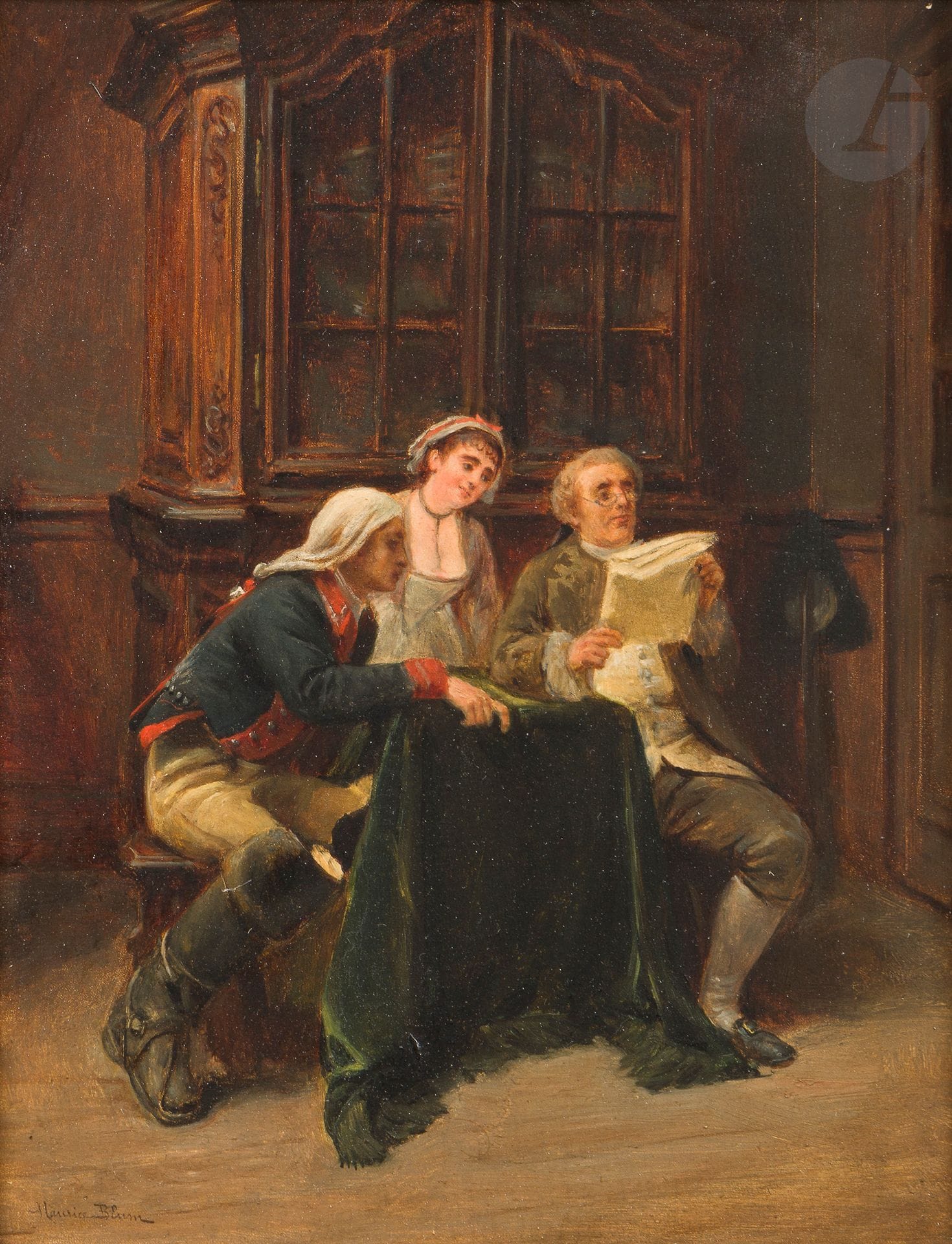Maurice BLUM (1838-1909)
La Grande nouvelle
Panneau.
Signée en bas à gauche
23,5 x 18 cm
(Porte une étiquette au revers).