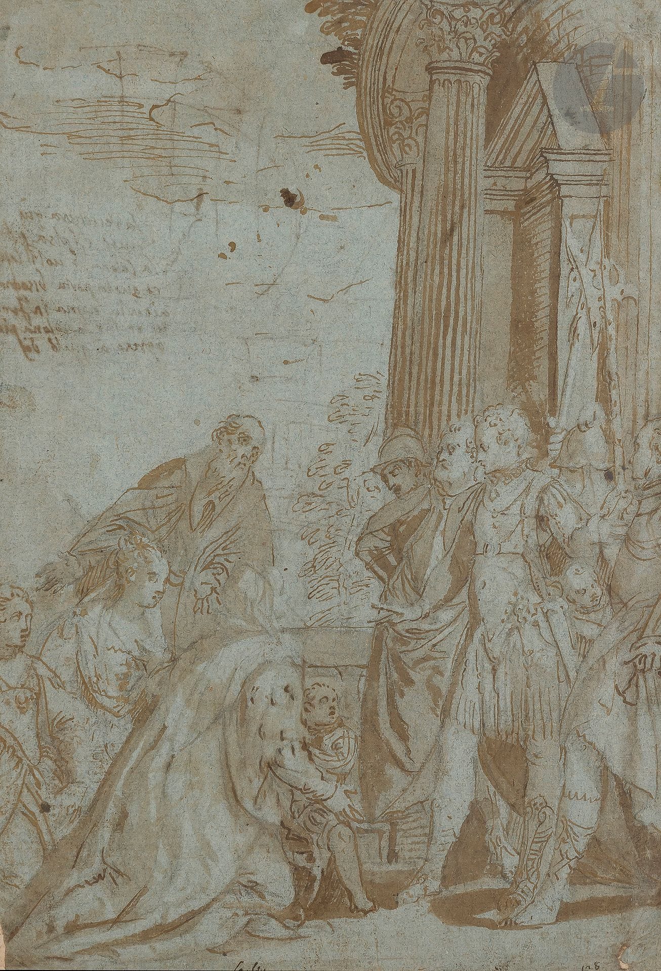 Carlo CALIARI (Venise 1570-1596)
La famille de Darius aux pieds d'Alexandre, d'après Véronèse
Plume, encre brune, lavis brun sur papier bleu.
Annotée dans le bas : " Carlito " et " n° 128 " en bas à droite.
20 x 20 cm