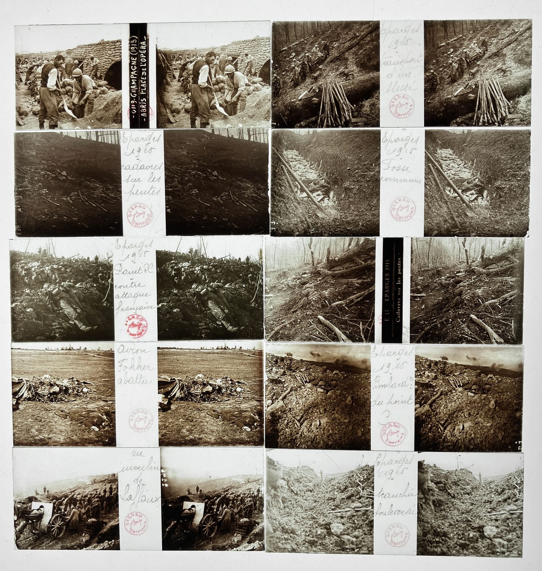 Unidentified amateur photographer

First World War, 1914-1918.

Trenches. Juice collection. Capture of Courcelles. Verdun. First lines. First aid post. Bombardments. Marne. Dead bodies. Prisoners. Chemin des Dames. Aircraft carcass, shot down by Jean Chaput Champagne. French counter-attack.

Approx. 95 stereoscopic gelatin silver bromide positive glass plates, preserved in their original boxes. Numerous handwritten captions and Stéréo-Éditions stamps on the plates.

Average format: 4 x 11 cm



A stereoscopic viewer (Sterescope Unis France) is included.