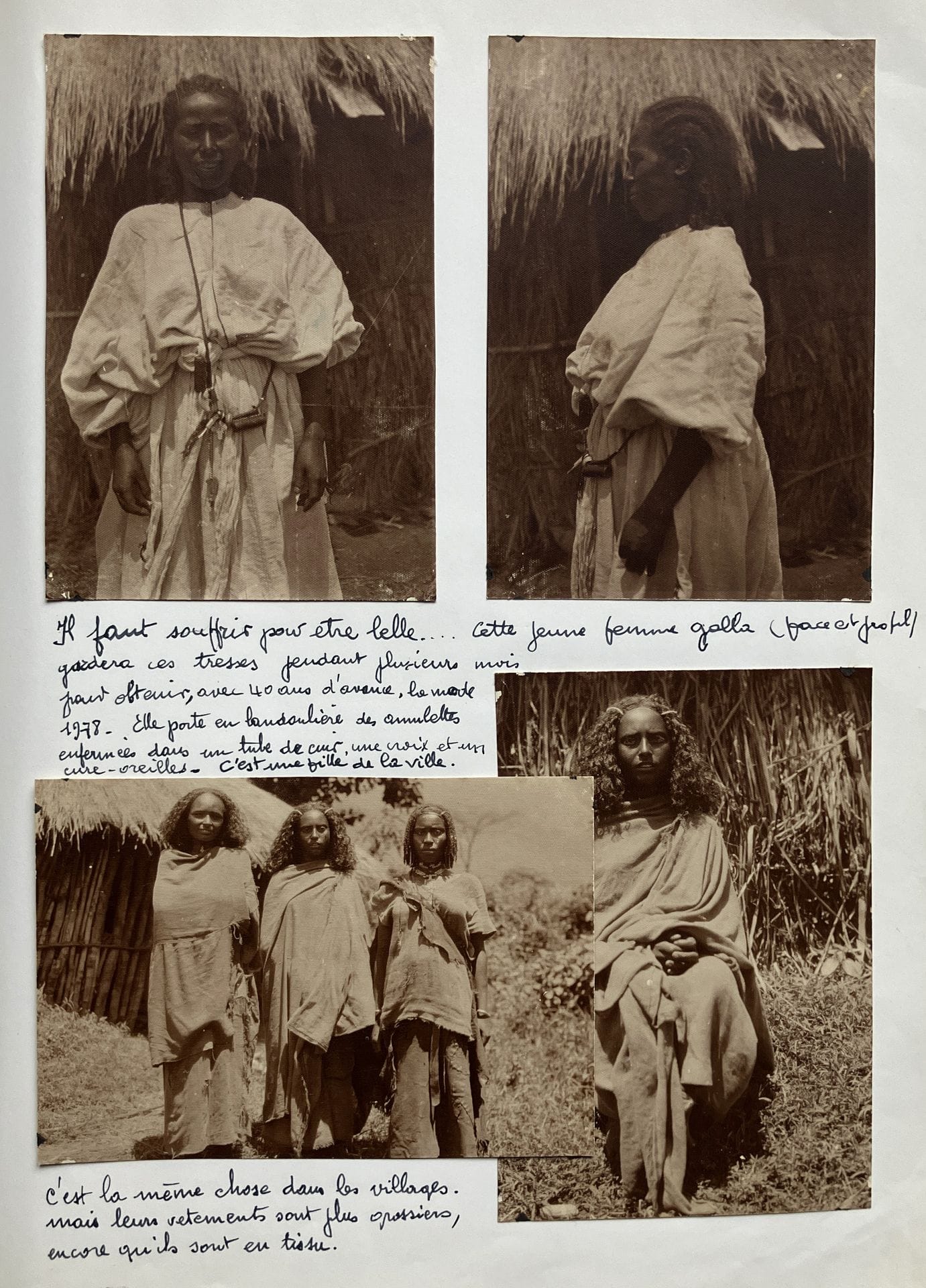 Amateur photographer 

Trip to Ethiopia, 1931-1944. 

Aboard an ocean liner. Suez Canal. Djibouti. Awash River. Vegetation. Herds. Hunting scenes. Shepherds. Water holes. Hunting huts. Modjo River. Addis Ababa. Mission chapel. Ethiopian child. Forest. Monkey. Hanged man. Emperor Haile Selassie. Coffee plantations. Assella. Family portraits. Plough. Termite mound. Zebus. Banana harvest. Papaya tree. Ethiopian wedding. Temket (Epiphany). Spinners. Basket-making. Weaver. Blacksmith. Women's hairstyles and jewelry. Sorcerer. 

In-4 travel book composed of approximately 140 vintage silver prints mounted on folios. Handwritten account and captions in ink in the notebook. 

Sizes: from 5 x 4 to 12 x 18 cm



Also included:

- An oblong in-8 album on the Paris Colonial Exhibition, 1937, consisting of 37 vintage silver prints mounted on cardboard. Numerous annotations on the mounts. Average size of prints: 7 x 11.5 cm 

- An oblong in-8 album, Ethiopia c. 1930, comprising approximately 50 silver prints. Some annotations on the backs of the prints. Sizes: 5.5 x 4.5 to 17 x 12 cm 

- Two (2) paperbacks (Le roi des rois by Paul Gilson, Denoël, Steele, 1935 and Monsieur Jarosseau by Gaëtan Bernoville, Albin Michel, 1950).