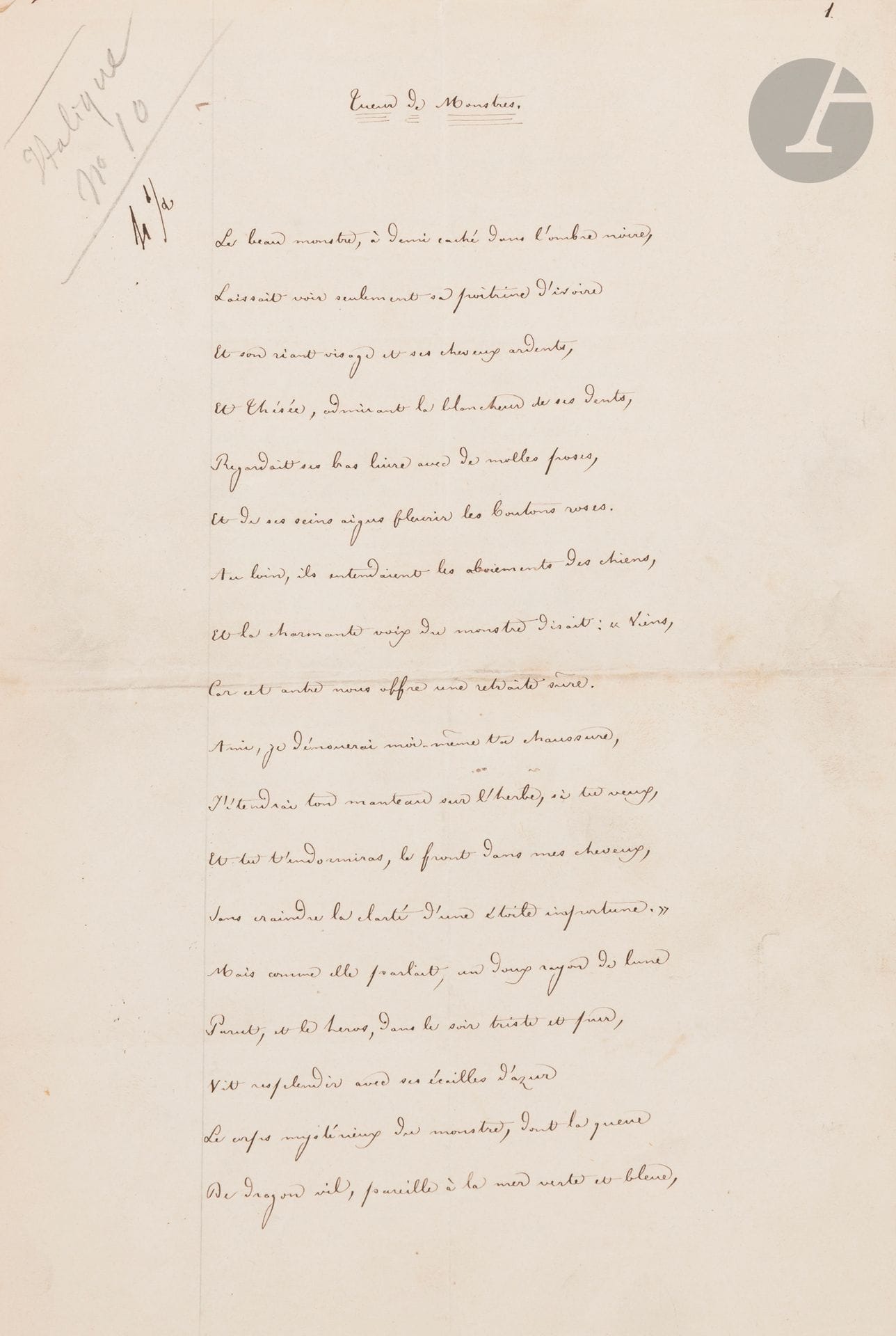 Théodore de BANVILLE (1823-1891). Autograph poem signed, Tueur de Monstres; 2pages in-fol.
Beautiful 32-line poem collected in Les Exilés (Poésies complètes, t. II, Charpentier, 1878), with the date November 16, 1873; it evokes Theseus killing the Hydra:
"The beautiful monster, half hidden in the black shadow,
Laissait seulement voir sa poitrine d'ivoire"...