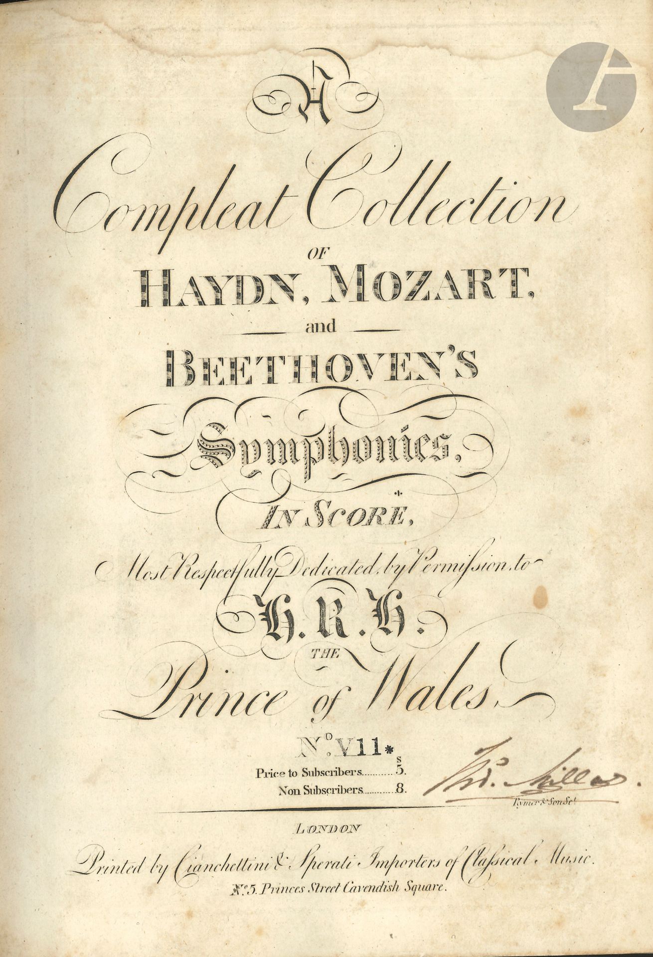 Joseph HAYDN (1732-1809). Symphonies VII-XII et XIII-XVIII (Londres, Cianchettini & Sperati, [1807-1809]; 2 volumes in-8, rel. toile brune, pièces de titre au dos.
Partitions d’orchestre de douze symphonies (Hob. I: 70, 45, 66, 44, 57, 51, 90; Ia:14; I: 53, 64, 71, 75), publiées à Londres par les éditeurs d’origine italienne Cianchettini et Sperati dans leur A Compleat Collection of Haydn, Mozart and Beethoven’s Symphonies in Score. Premières éditions en partition d’orchestre pour la plupart.