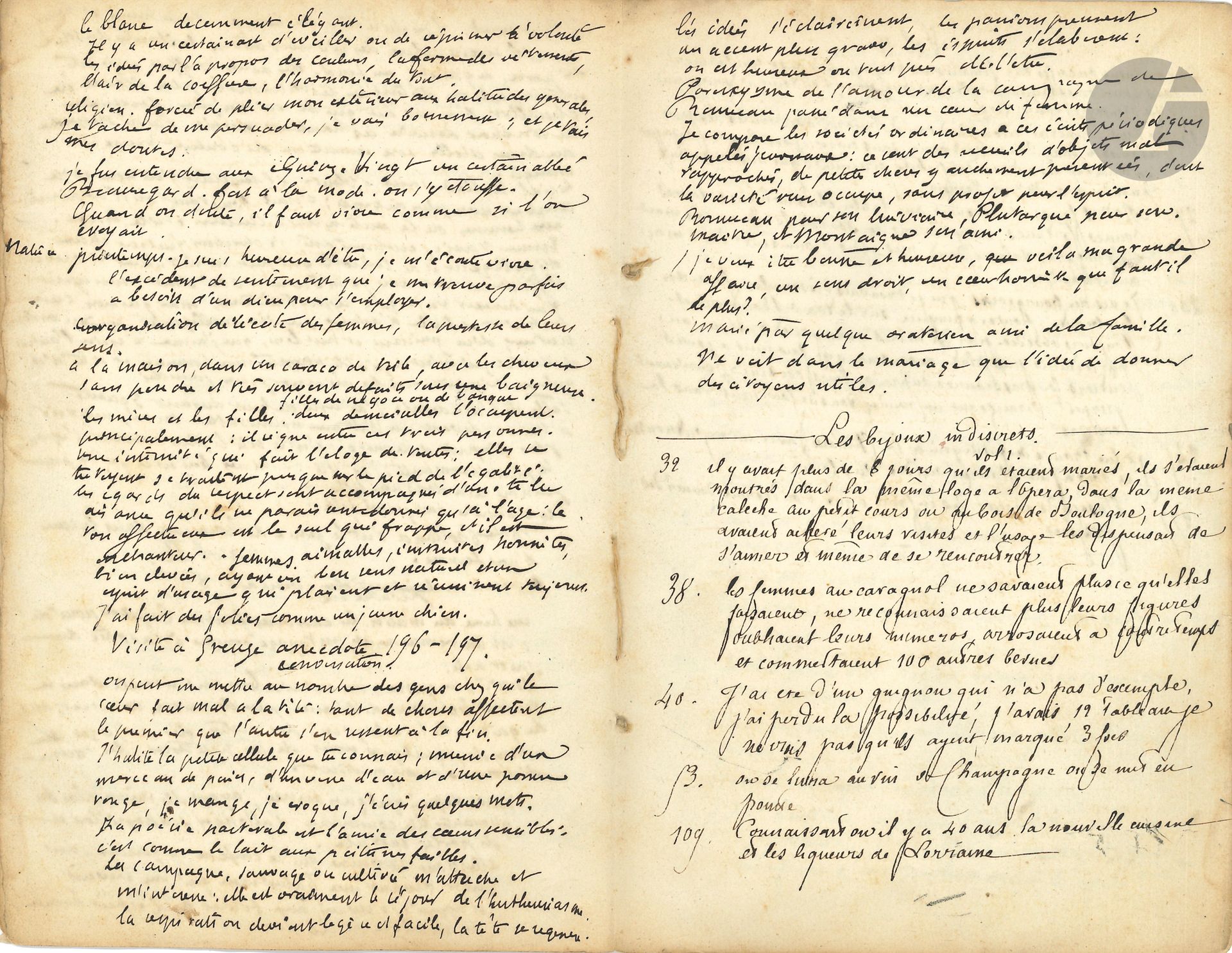 Edmond et Jules de GONCOURT (1822-1896 et 1830-1870). Carnet autographe; 26 pages in-8.
Notes destinées à La Femme du XVIIIe siècle (1862) d’après les mélanges de Mme Necker, les lettres de Mme Roland, les œuvres de Diderot et Marivaux, etc.
On remarque, de la main de Jules de Goncourt, le premier jet au crayon d’un texte sur Nattier: «Assises glorieusement dans des poses théâtrales, des princesses respirent je ne sais quelle volupté robuste. [...] Ce ne sont plus des déités de la Régence, mais des femmes du dix-huitième siècle, avec leurs paniers profonds, leurs lèvres fines et ironiques, leur physionomie qui pense, leur front méditatif. [...] Il va jusqu’à la tendresse et au déchirement»...