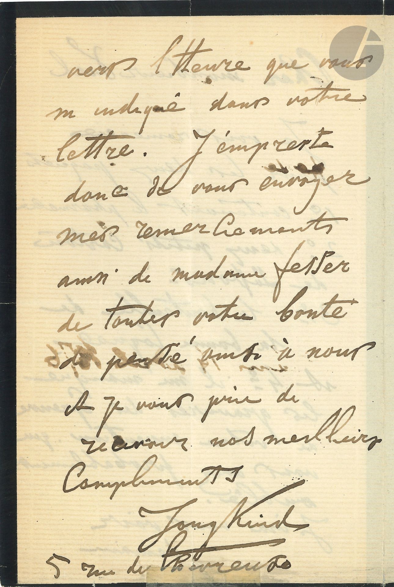 Johann Barthold JONGKIND (1819-1891). L.A.S., Paris 14 avril 1876, à M. Vial; 2pages et demie in-8 (deuil).
Il remercie pour l’envoi de médicaments et d’une «bouteille de la bonne Cognac», mais il manque «les gravures des épreuves de votre invention, que vous avez probablement oublié». Il le remercie, et ira le voir avec Mme Fesser.