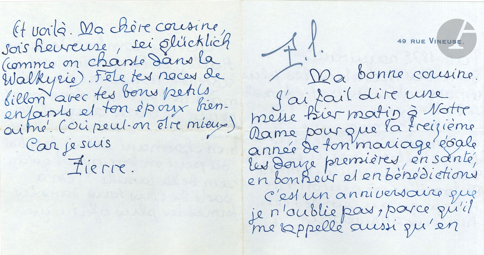 Pierre LOUŸS. 4 L.A.S. «Pierre» et 2 L.A., 1911-1918, à sa famille; 20 pages formats divers (2 sur papier deuil), une enveloppe, défauts.
Lettres familiales. À sa cousine Mme Dubois la félicitant pour son 13e anniversaire de mariage (19 mai 1893, avec quatrain au dos d’un chèque); à Edmond Chardon lui rappelant le mariage de Marguerite Maldan le 19 mai 1881 (19 mai 1911 avec le plan de table); 2 lettres à sa sœur Lucie: «Ma vue est plus menacée que ma vie. Personne ne parvient à comprendre que j’aie appris à écrire sans voir aucune lettre des mots que je trace» (14 juin 1918); à sa cousine Germaine Ponthieu: il travaille sur le Pater de St Luc et St Mathieu; ses problèmes de vue: il arrive à lire «à la loupe – dix lignes par dix lignes – un livre où les lignes sont espacées» mais «tous les journaux et les lettres à écriture serrée sont indéchiffrables pour moi, dès le vingtième mot». Plus une petite lettre à Claudine Roland.