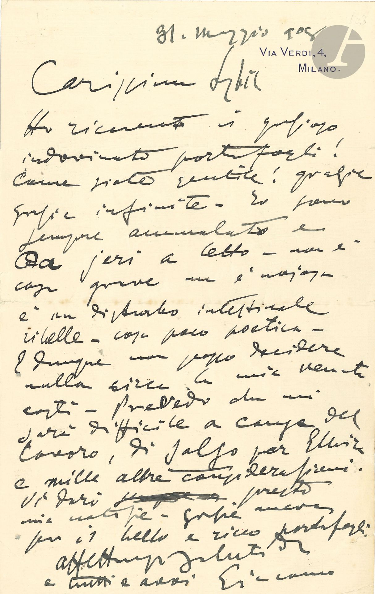 Giacomo PUCCINI (1858-1924). L.A.S. «Giacomo», Milano 31 mai 1908, à Sybil Seligman à Londres; 1page petit in-4 à son adresse Via Verdi,4, Milano, adresse au verso; en italien.
Il a reçu le joli portefeuille, tout à fait à son goût, et remercie son amie. Il est encore malade et alité; rien de grave, mais c’est ennuyeux; un trouble intestinal peu poétique: «Io sono sempre ammalato e da ieri a letto – non è cosa grave ma è nojoso è un disturbo intestinale ribelle – cosa poco poetica». Il ne peut donc rien décider quant à sa venue, mais ce sera difficile à cause du travail et aussi à cause d’Elvira et mille autres considérations… Au verso, il ajoute quelques mots à l’encre rouge pour demander quand Nellie Melba chantera Tosca.