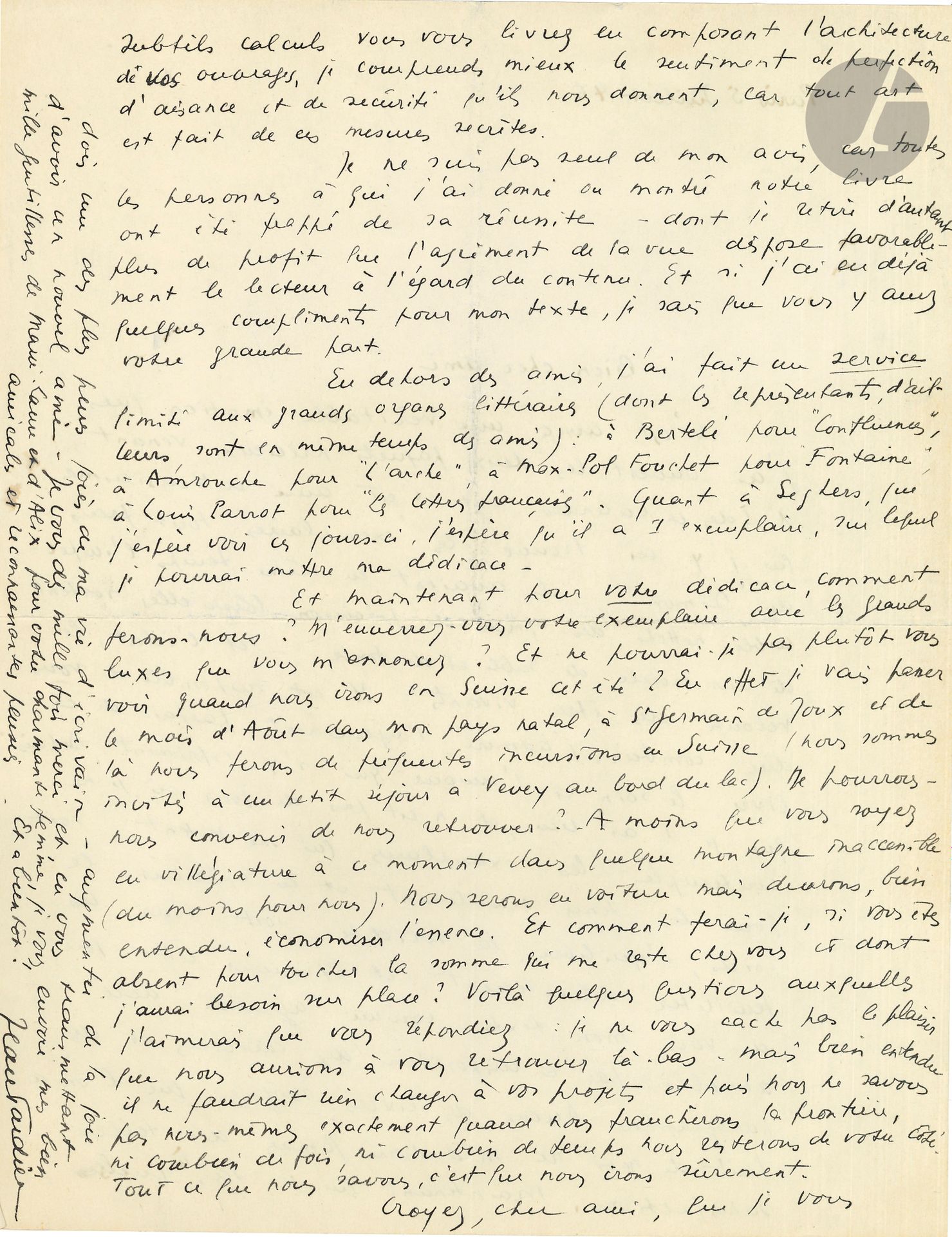 Jean TARDIEU (1903-1995). 13 L.A.S., 1945-1953, à Richard Heyd à Neuchatel; 28pages in-8 ou in-4, enveloppes.
Intéressante correspondance littéraire et amicale avec le directeur des éditions Ides et Calendes.
Paris 5 janvier 1946. Vœux de nouvel an pour la «première année de paix dans le monde? […] bouchons-nous les oreilles et, obstinément, songeons au “mieux” possible, même si la mode attache à l’optimisme le grelot du burlesque». Il a apporté à Éluard un manuscrit pour sa collection “L’Honneur des poètes” et lui a fait part de son désir «d’illustrer “notre” livre d’un dessin de Picasso. Éluard n’en ayant pas pour le moment, il lui a suggéré de contacter le peintre directement, mais Tardieu ne le connait pas… Quelles seraient les conditions à proposer à l’illustrateur? Tardieu aimerait aussi connaitre les conditions que lui fait Heyd pour Le Démon de l’irréalité, «déduction faite de l’avance de 500 francs suisses», en précisant «que vos droits de reproduction se limitent à la présente édition de demi-luxe et que je suis libre, par ailleurs, de disposer du texte». Il cherche une maison d’édition pour un conte pour enfant qui pourrait faire un album. Il en a promis un autre à Gallimard, «une Table de Multiplication en 10 petites histoires rimées»… – 5 juillet. Il remercie avec émotion de l’envoi des «exemplaires tout frais du Démon: ils avaient en même temps l’impeccable netteté des pièces de précision lorsqu’elles sortent de leur moule de sable et de fonte – et l’éclat, le velouté des êtres vivants, le soin et l’amour qui s’y expriment». Il loue la précision de l’architecture, la perfection et la réussite de ce travail de composition… Pour le service de presse, il veut se limiter «aux grands organes littéraires», dont les représentants sont des amis: Bertelé pour Confluences, Amrouche pour L’Arche, Max-Pol Fouchet pour Fontaine, Louis Parrot pour Les Lettres françaises. Seghers a dû déjà recevoir un exemplaire, qu’il lui dédicacera… – 23 novembre. Il remercie Heyd pour son accueil lors de sa visite à Neuchâtel et pour son avance, somme qui lui a permis de remplacer ses vieux et tristes vêtements de l’Occupation par une tenue plus correcte, plus «gentleman». Il se réjouit surtout qu’Uhler [fondateur d’Ides et Calendes] et Heyd aient aimé les textes qu’il leur a apportés: il est très heureux de paraître, «dans cette belle, parfaite et noble architecture typographique». Ce goût de la perfection caractérise la Suisse, et il a reconnu dans leur travail «cet air de grandeur, de fidélité, de propreté morale et matérielle qui fait de l’“homo helveticus” une réussite moderne», etc. Éluard n’a pas de dessin de Picasso à proposer…
27 avril 1952. Il lui envoie «mon petit livre “Un mot pour un autre” second volet de mon diptyque “Humoreux” dont le premier était “Monsieur Monsieur”. Le démon du théâtre s’étant emparé de moi je viens de donner à Sylvain Dhomme une comédie, Les Amants du métro qui commencera cette semaine avec Les Chaises (une étonnante pièce de Ionesco)»… – 3 juin. «Il est rare d’allier à ce point – comme vous le faites si chaleureusement – l’amitié et la compréhension». Il est content qu’il ait aimé ses «petits bouquins humoreux», malgré les bêtises qu’on a pu en dire!... Il revient bientôt à son «ancien métier de “poète sérieux”» avec son recueil Destination inconnue, à paraître à la NRF, et parle de ses nombreux projets… – 7 octobre, à propos d’un projet de poésies illustrées par Picasso, avec Guillevic, Paul Éluard et André Frénaud qui vont envoyer leur accord. Mais faut-il aussi l’accord de Picasso? Tardieu est allé à Vallauris remettre en mains propres au peintre «à titre d’hommage, mes poèmes que j’avais “manuscriptés” avec soin». Il a de plus modifié son recueil Destination inconnue en en retirant les «poèmes-Picasso» et Les Dieux inutiles: «vous aurez ainsi la garantie d’exclusivité de ces textes». Il envoie La Première personne «qui vient de sortir et qui clôt – sur la note sombre – mon “triptyque” jaune-vert-violet»…
1er juin 1953. «Je comprends très bien tes scrupules et tes hésitations, au sujet de notre projet de livre»; il prie de lui rendre sa liberté «pour la recherche d’un éditeur susceptible de publier mes poèmes avec les dessins de Picasso», et de lui renvoyer les trois lettres de désistement des poètes Éluard, Guillevic et Frénaud… Etc.
On joint une carte de visite autographe sous enveloppe, au même.