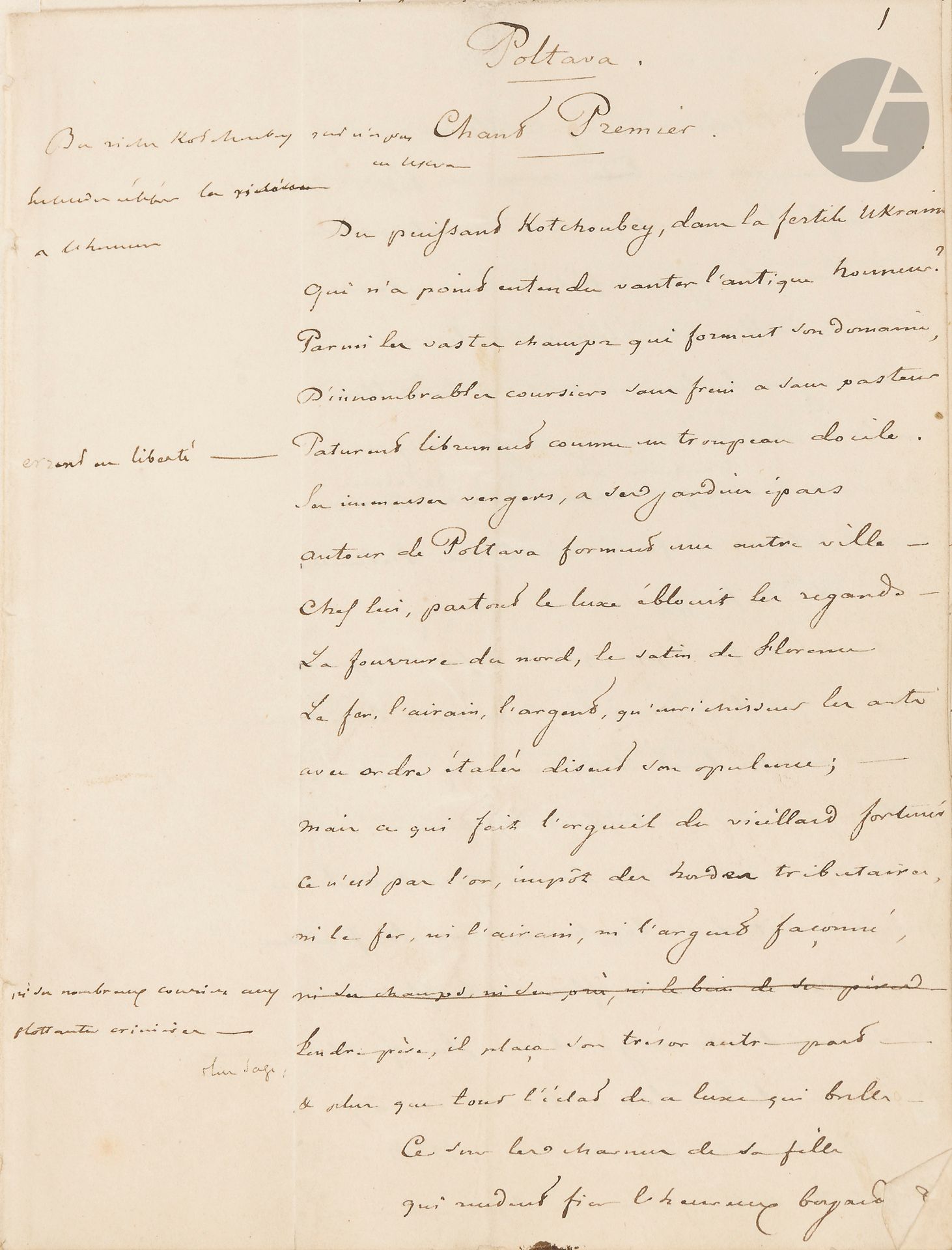 Théodose de LAGRENÉ (1800-1862) diplomat and politician. 85 autograph manuscripts (some signed with his name or initials), 1823-1861; approx. 340 pages in various formats, mounted on tabs, all bound in an in-fol. volume in red half-chagrin.
Collection of prose and poetry, including early writings (fiction and criticism), correspondence from Russia, a draft diary, verses of all kinds (epistles, odes, stanzas, epitaphs, madrigals, translations, occasional verse)... These include a "literary sketch" on Victor Hugo (1830), Souvenirs de Russie Les Katchélis and Promenade au Kremlin (circa 1833); Notes sur ce qui m'est arrivé depuis le 14 mars, jour de mon départ de Paris pour Pétersbourg (1823); several articles on performances at the Théâtre Français de Saint-Pétersbourg (début de Mme Lutz, La Laitière de Montfermeil, bénéfice de Maizières, etc.)... Verse pieces include Athènes (1824), plays written in Russia from 1828 to 1833 (including one dedicated to Mme de Krüdener, a translation of Pushkin's Poltava, attempted translations of Moore, Byron, Disraëli, etc.)... Also included is a copy of La Dernière Consultation du Docteur Noir ("unpublished chapter" from Vigny's Stello).