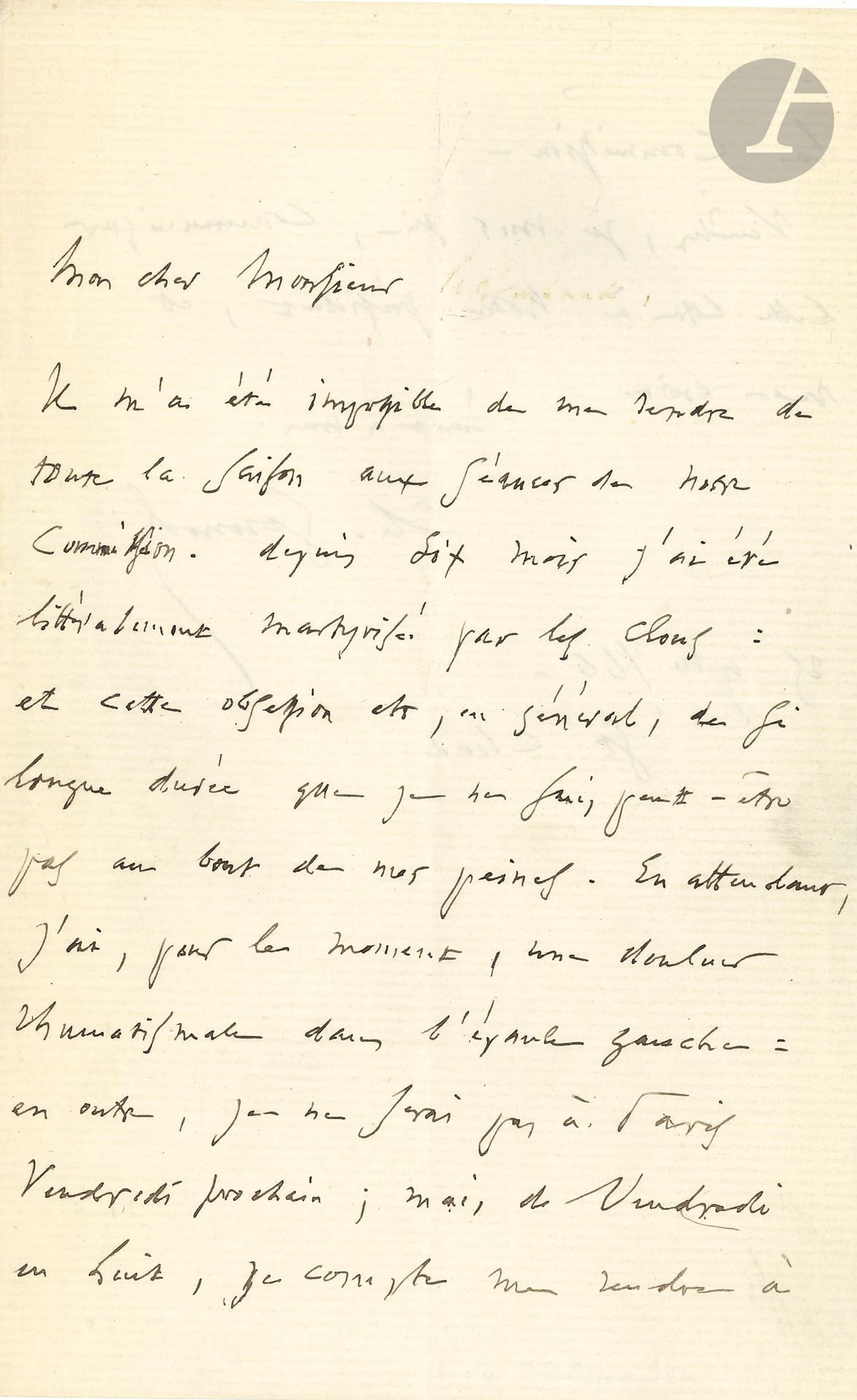 Charles GOUNOD (1818-1893). L.A.S., Saint-Cloud November 25, 1866; 1 1/2 pages in-8.
He was unable to attend the Commission's meetings. "For the past six months I have been literally martyred by nails: and this obsession is, in general, of such long duration that I am perhaps not at the end of my sorrows". He has "a rheumatic pain in my left shoulder", but hopes to come to the Commission on Friday in an eight.